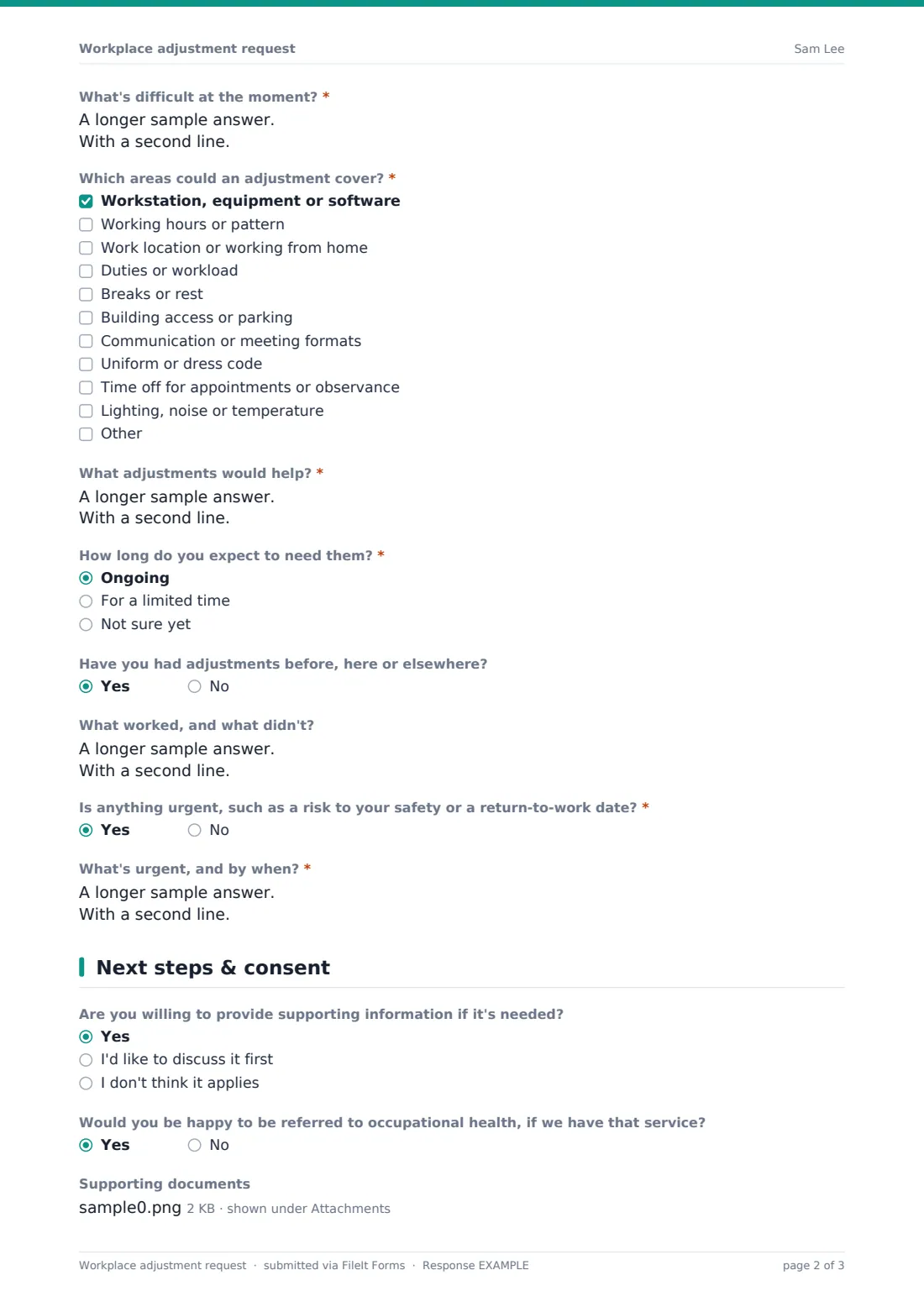 Workplace adjustment request — example response PDF, page 2 of 3