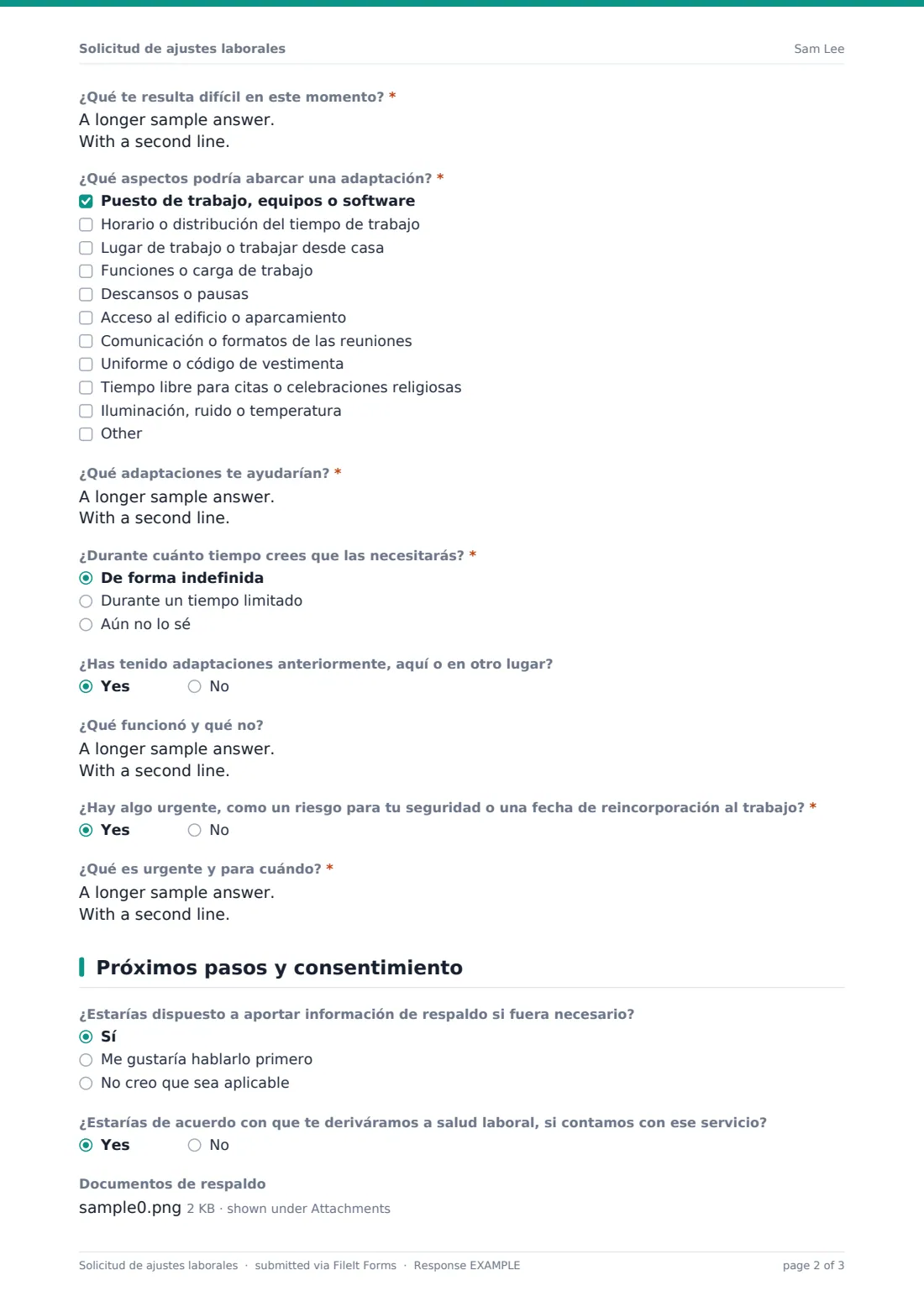 Solicitud de ajustes laborales — PDF de respuesta de ejemplo, página 2 de 3