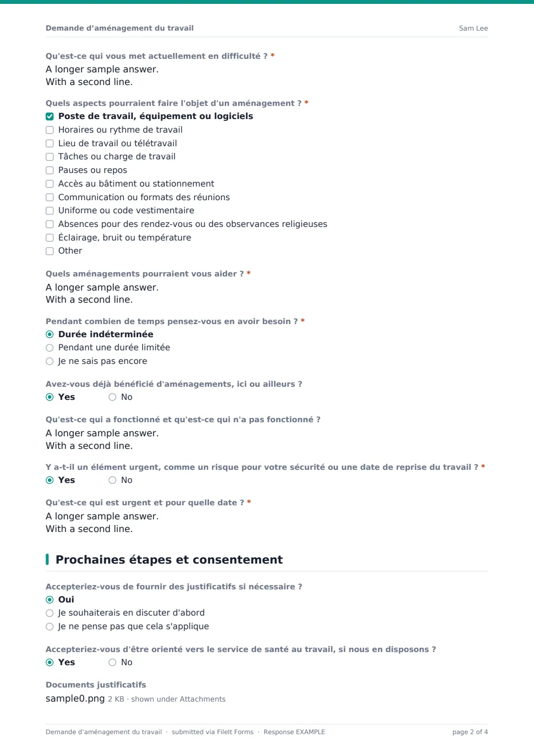 Demande d’aménagement du travail — exemple de réponse au format PDF, page 2 sur 4