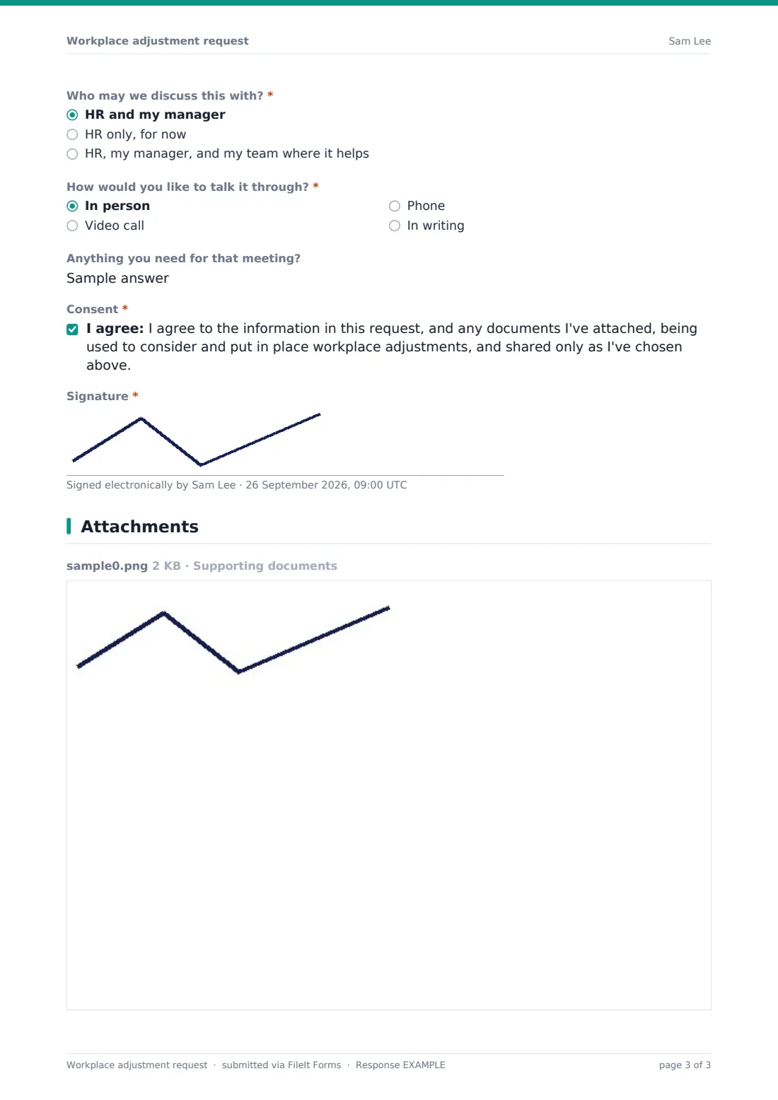 Workplace adjustment request — example response PDF, page 3 of 3