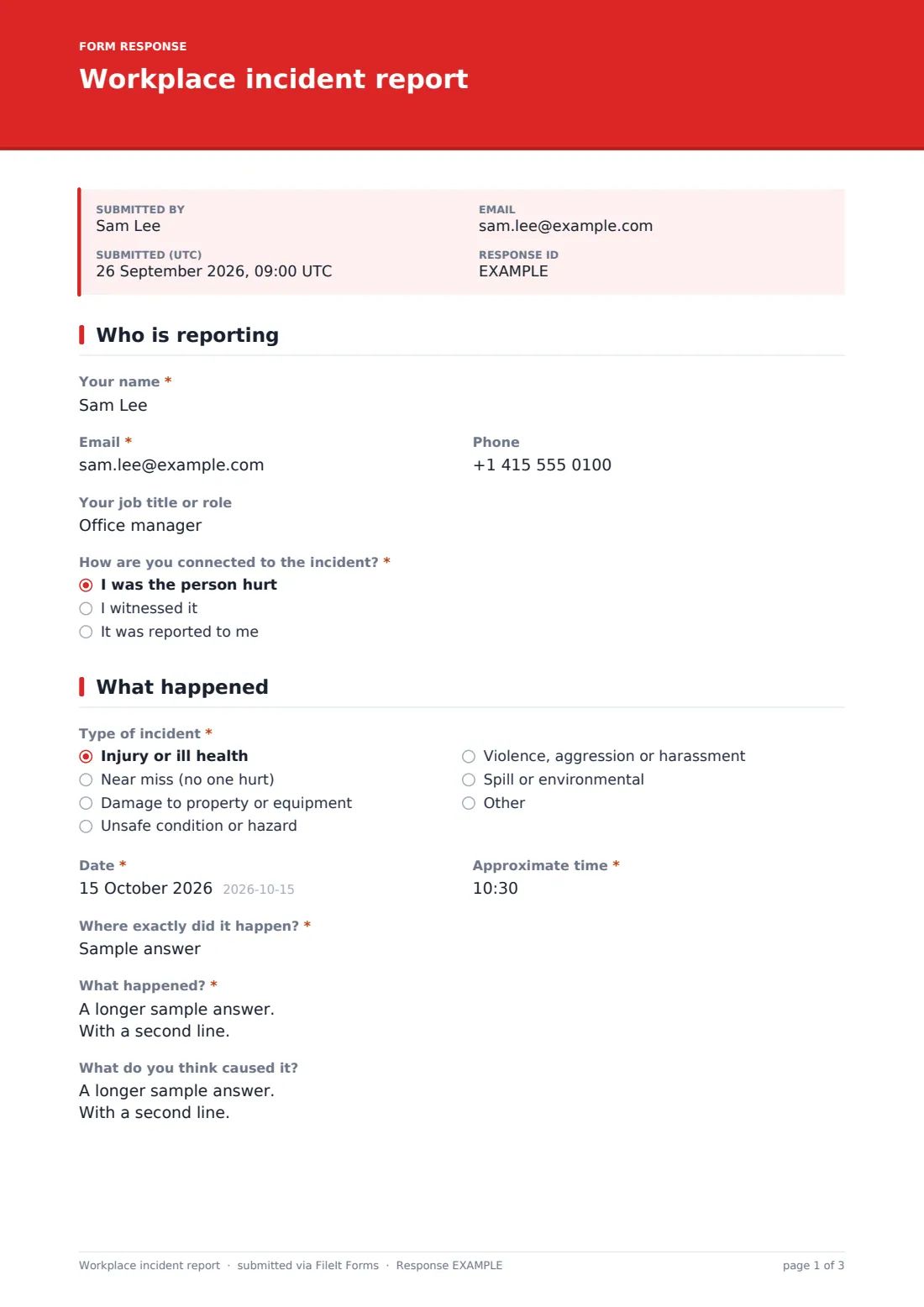 Workplace incident report — example response PDF, page 1 of 3