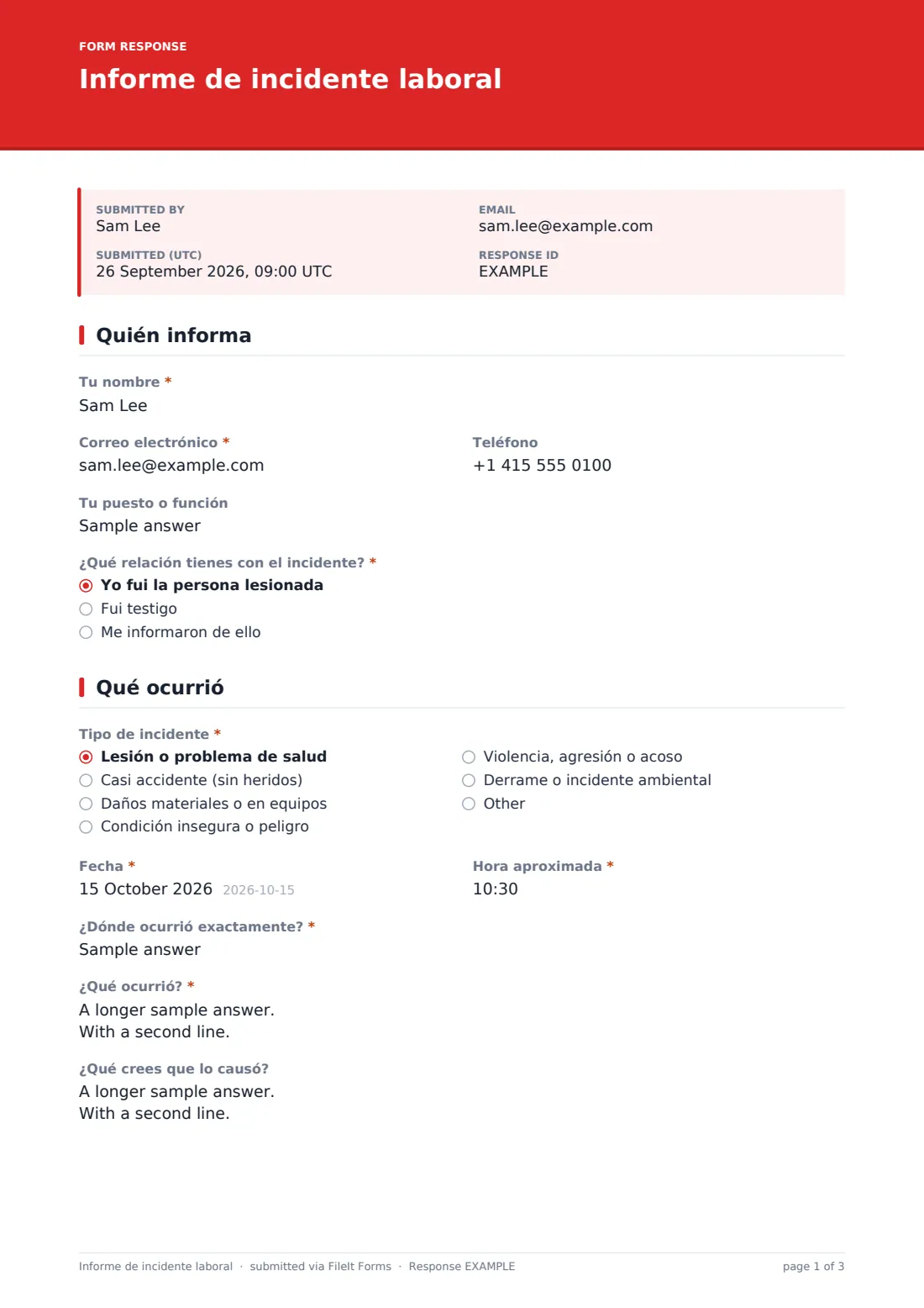 Informe de incidente laboral — PDF de respuesta de ejemplo, página 1 de 3