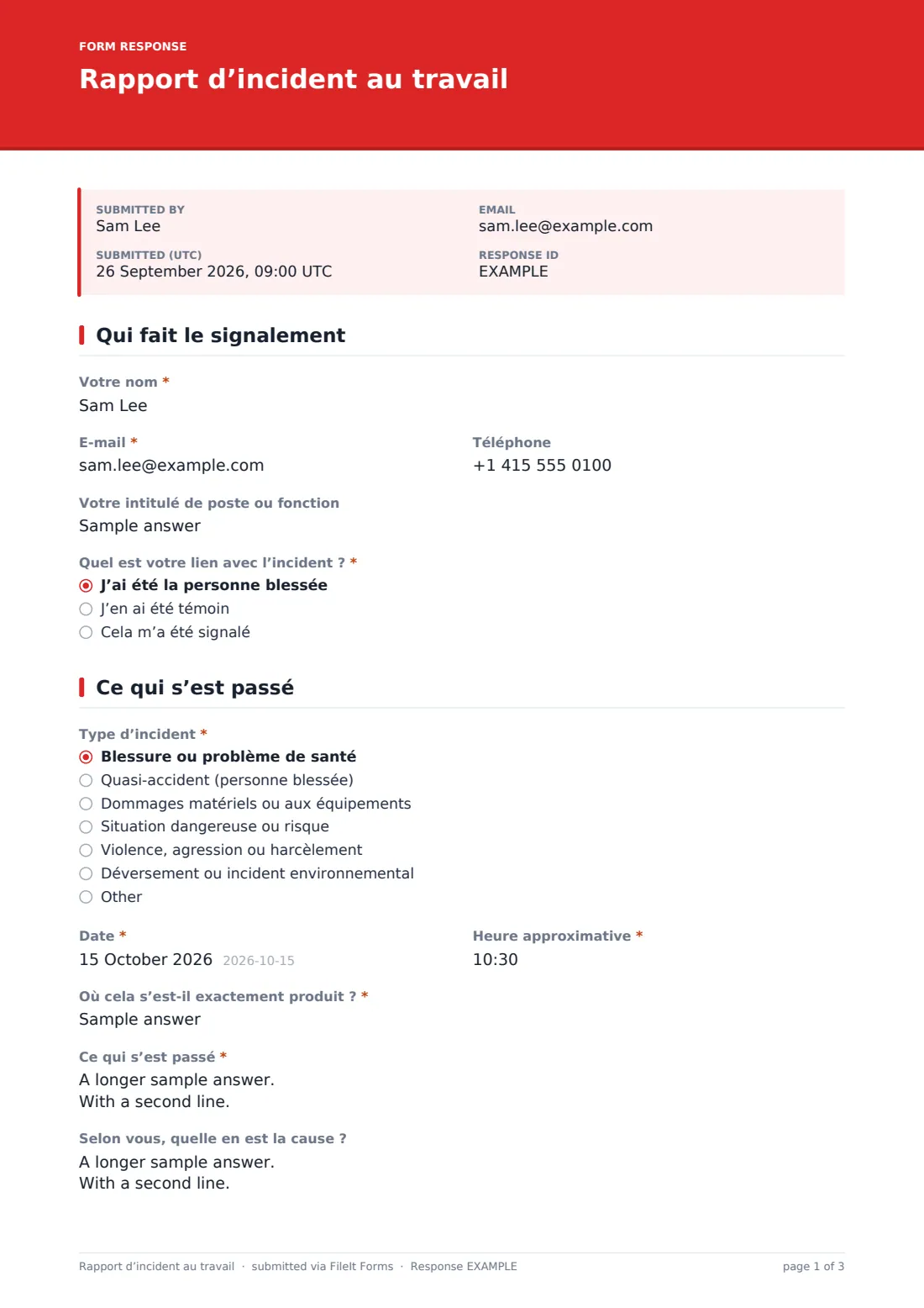 Rapport d’incident au travail — exemple de réponse au format PDF, page 1 sur 3