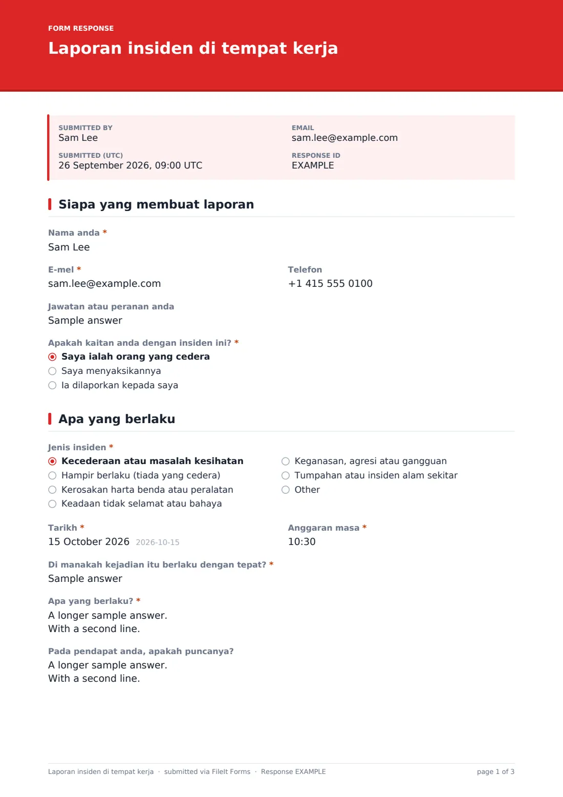 Laporan insiden di tempat kerja — PDF respons contoh, halaman 1 daripada 3
