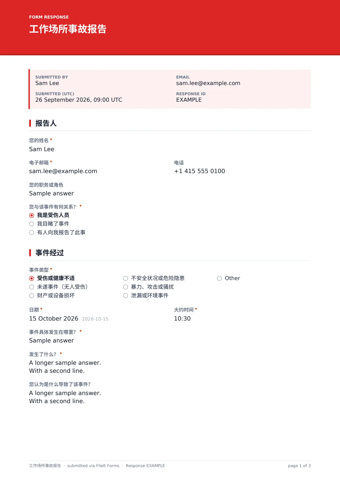 工作场所事故报告 — 示例回复 PDF，第 1 页，共 3 页