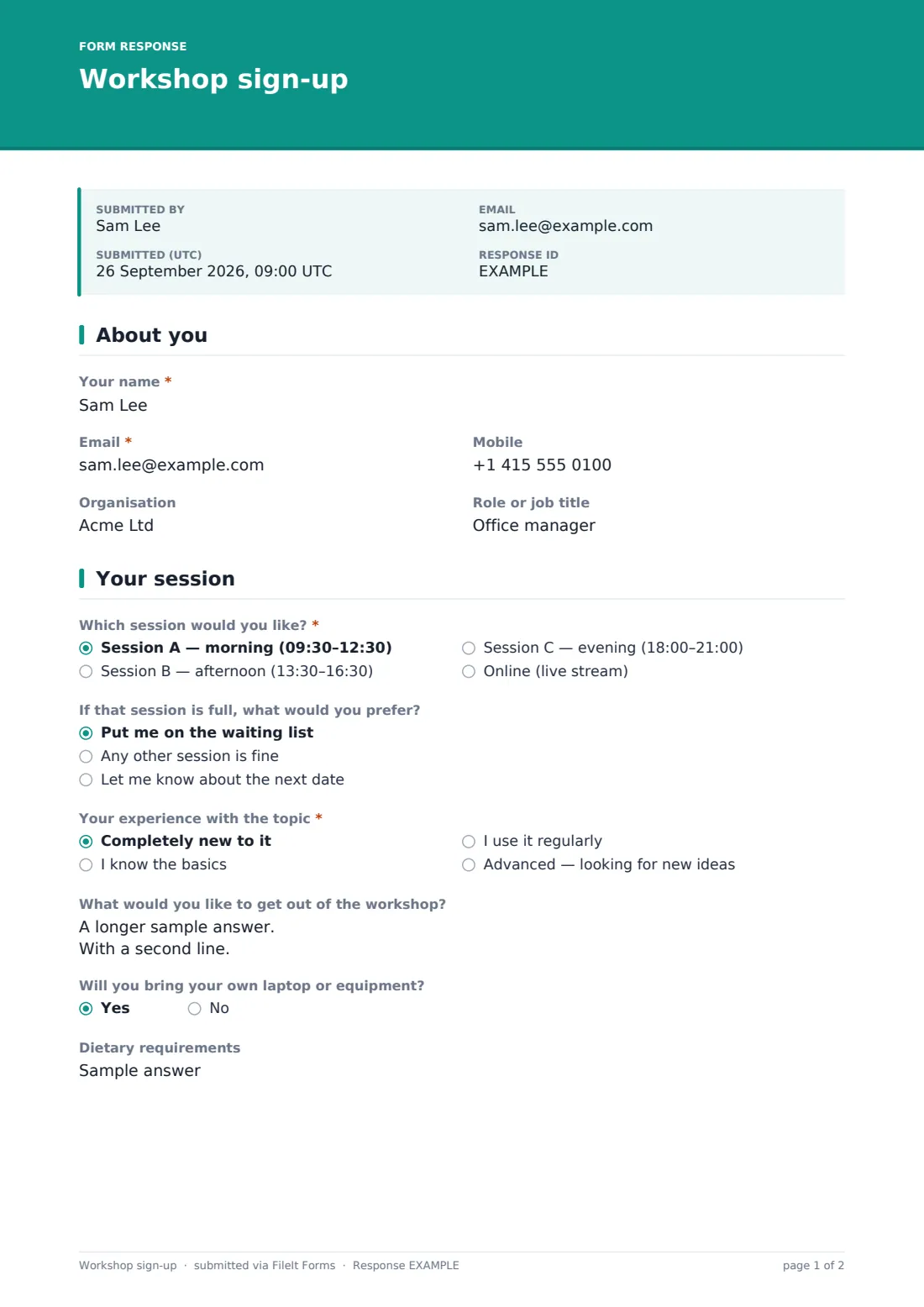 Workshop sign-up — example response PDF, page 1 of 2