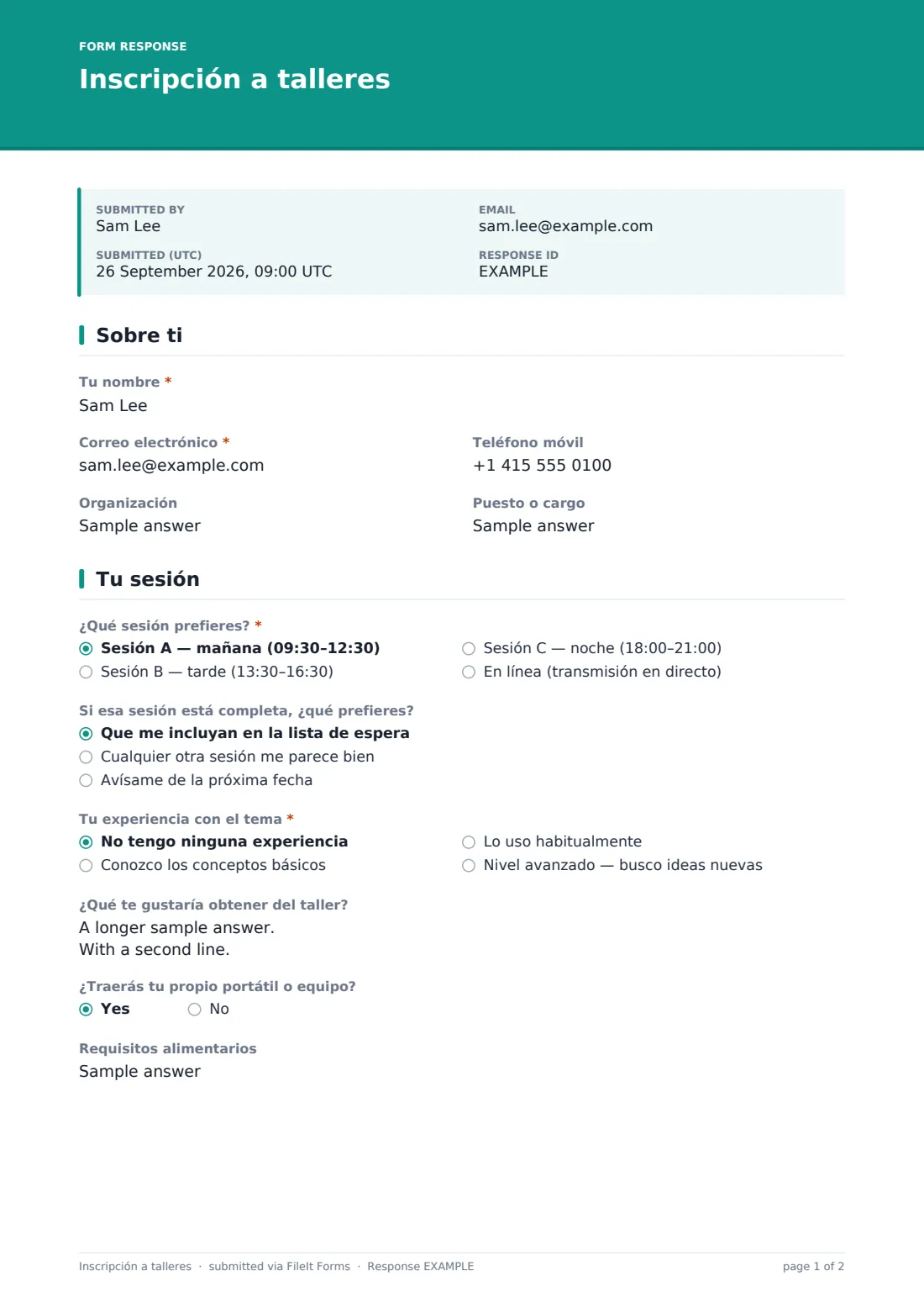 Inscripción a talleres — PDF de respuesta de ejemplo, página 1 de 2