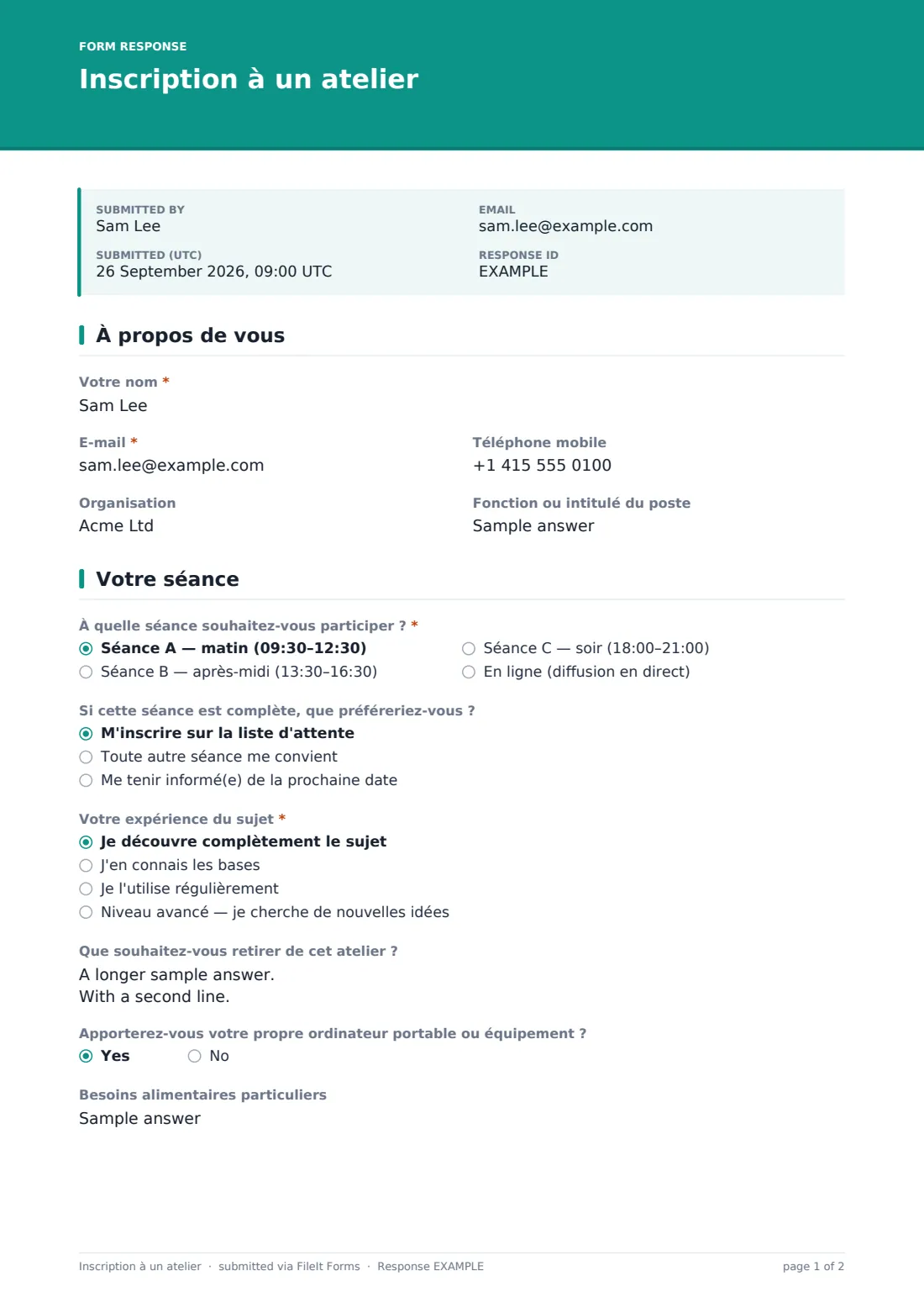 Inscription à un atelier — exemple de réponse au format PDF, page 1 sur 2