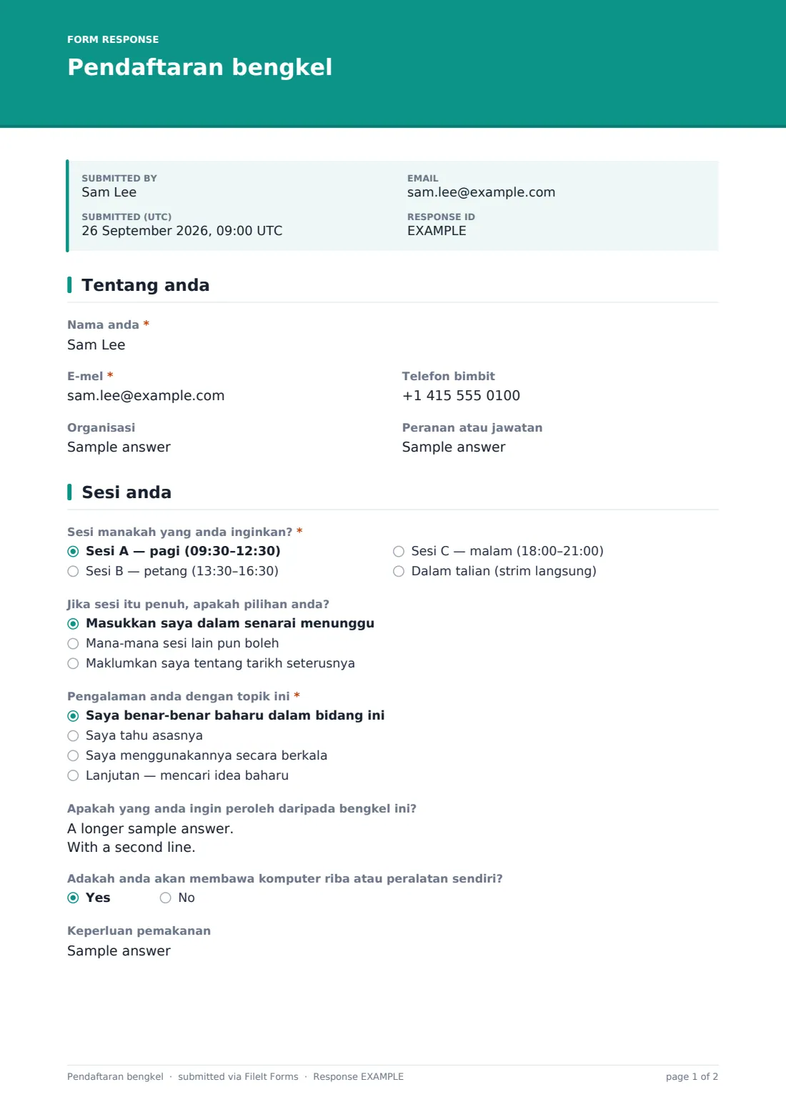 Pendaftaran bengkel — PDF respons contoh, halaman 1 daripada 2