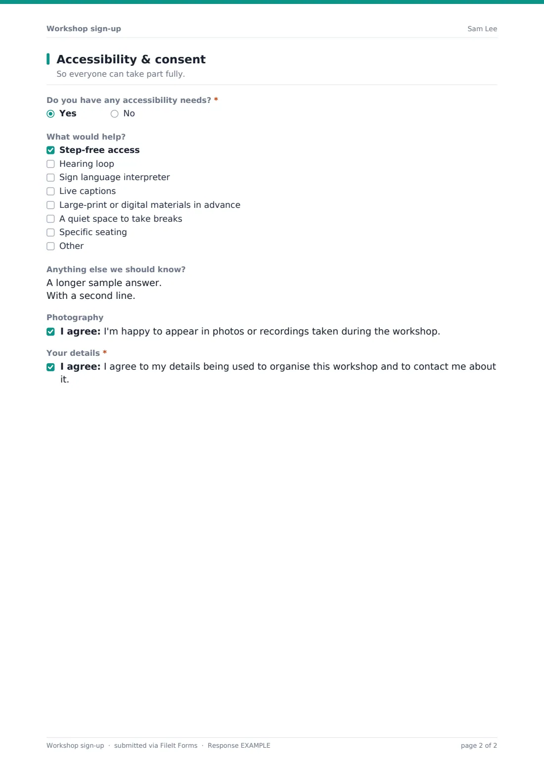 Workshop sign-up — example response PDF, page 2 of 2