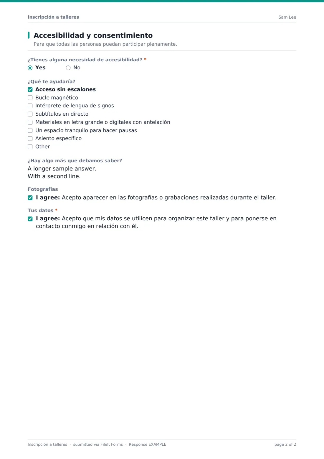 Inscripción a talleres — PDF de respuesta de ejemplo, página 2 de 2