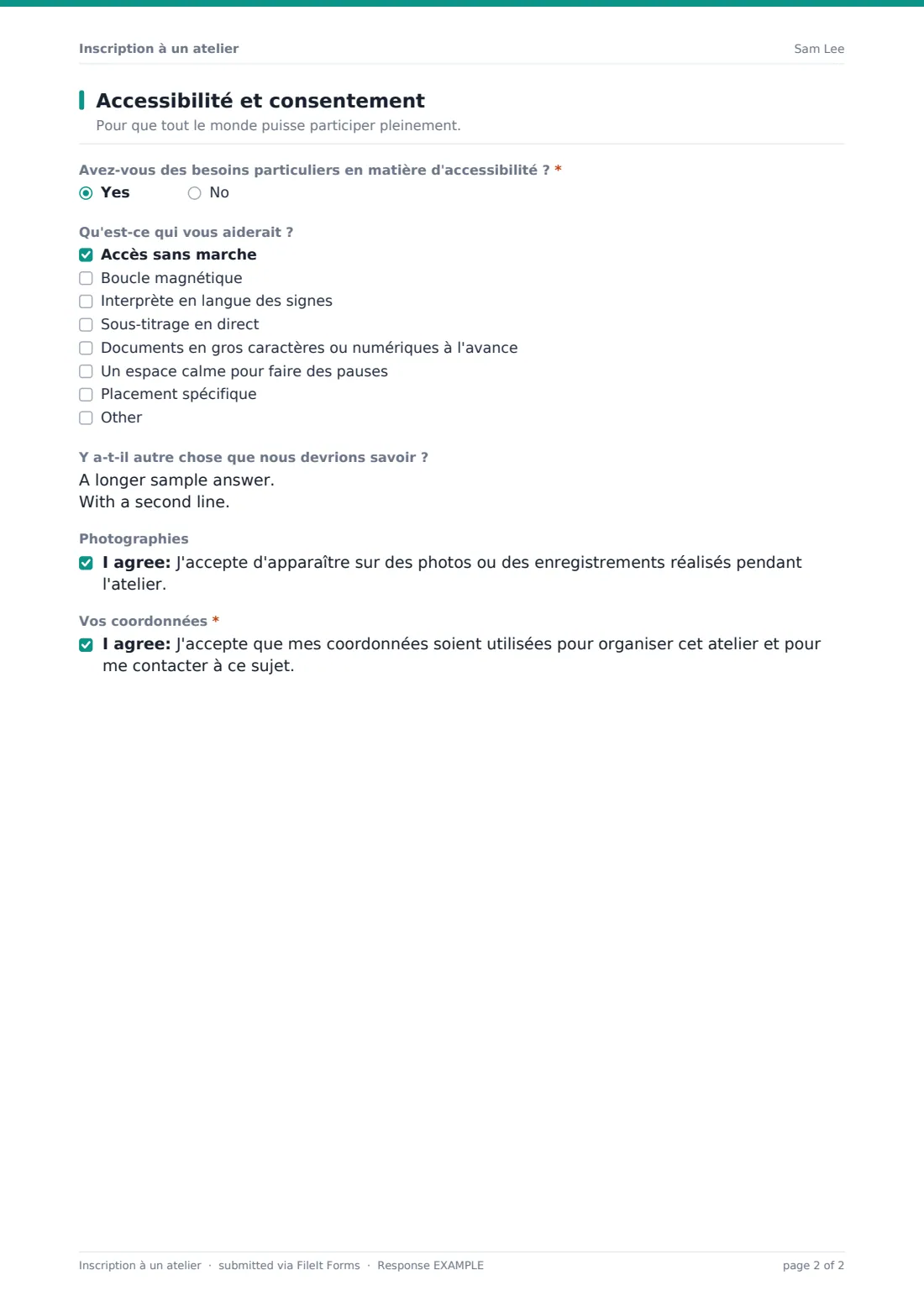 Inscription à un atelier — exemple de réponse au format PDF, page 2 sur 2