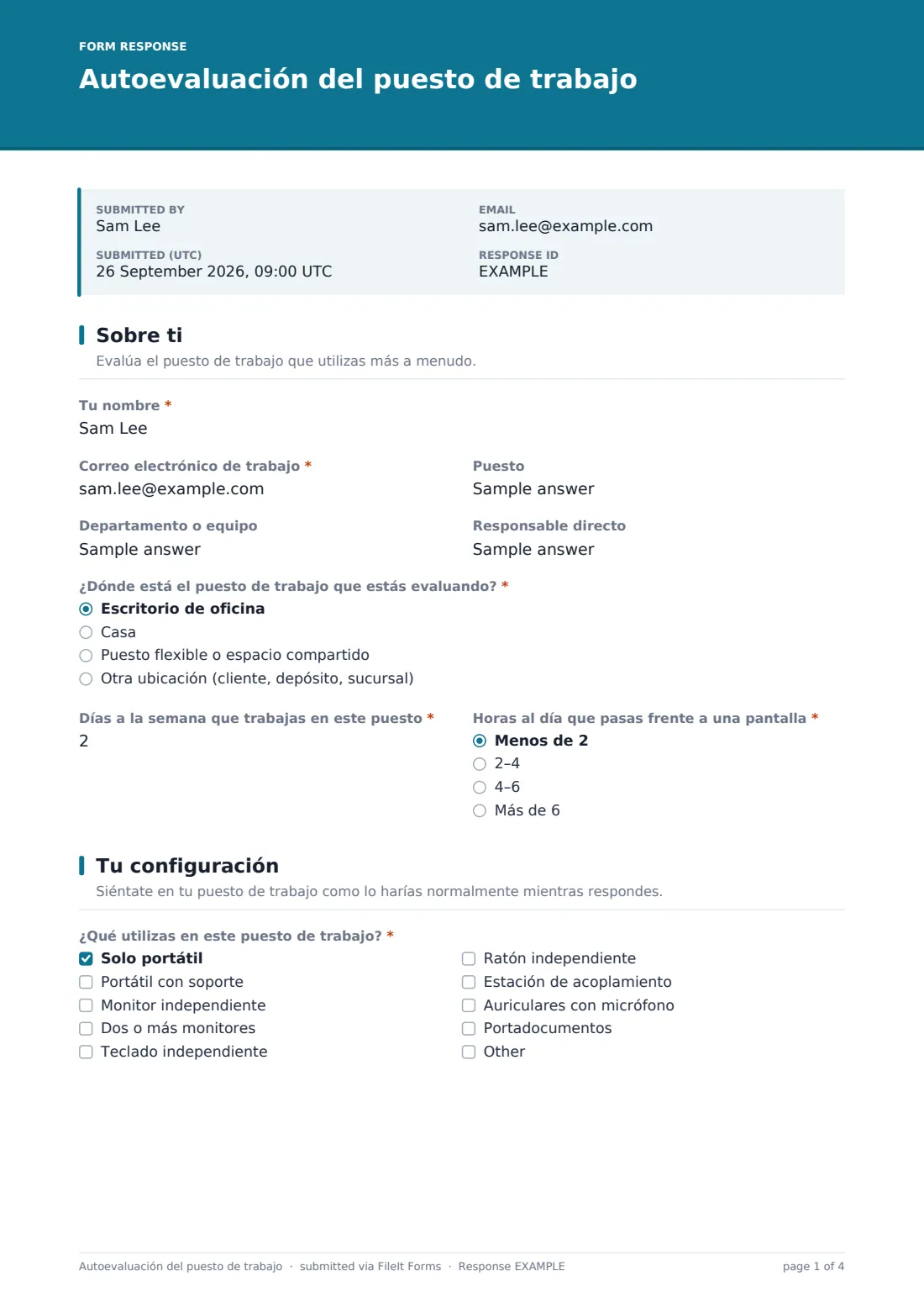 Autoevaluación del puesto de trabajo — PDF de respuesta de ejemplo, página 1 de 4