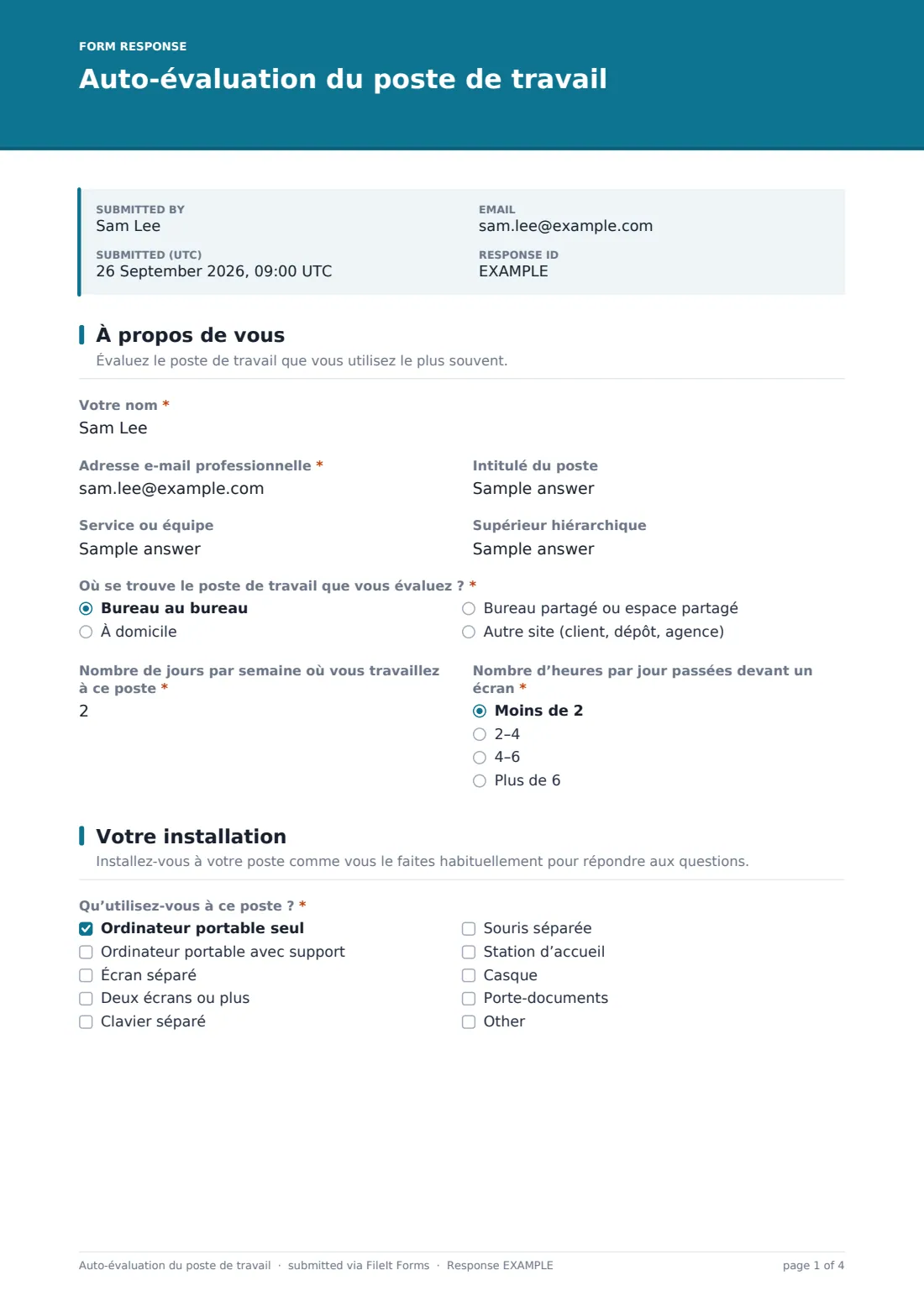 Auto-évaluation du poste de travail — exemple de réponse au format PDF, page 1 sur 4