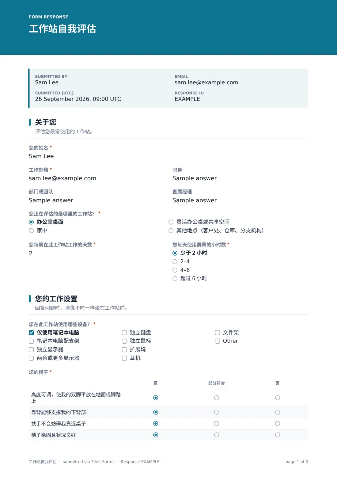 工作站自我评估 — 示例回复 PDF，第 1 页，共 3 页