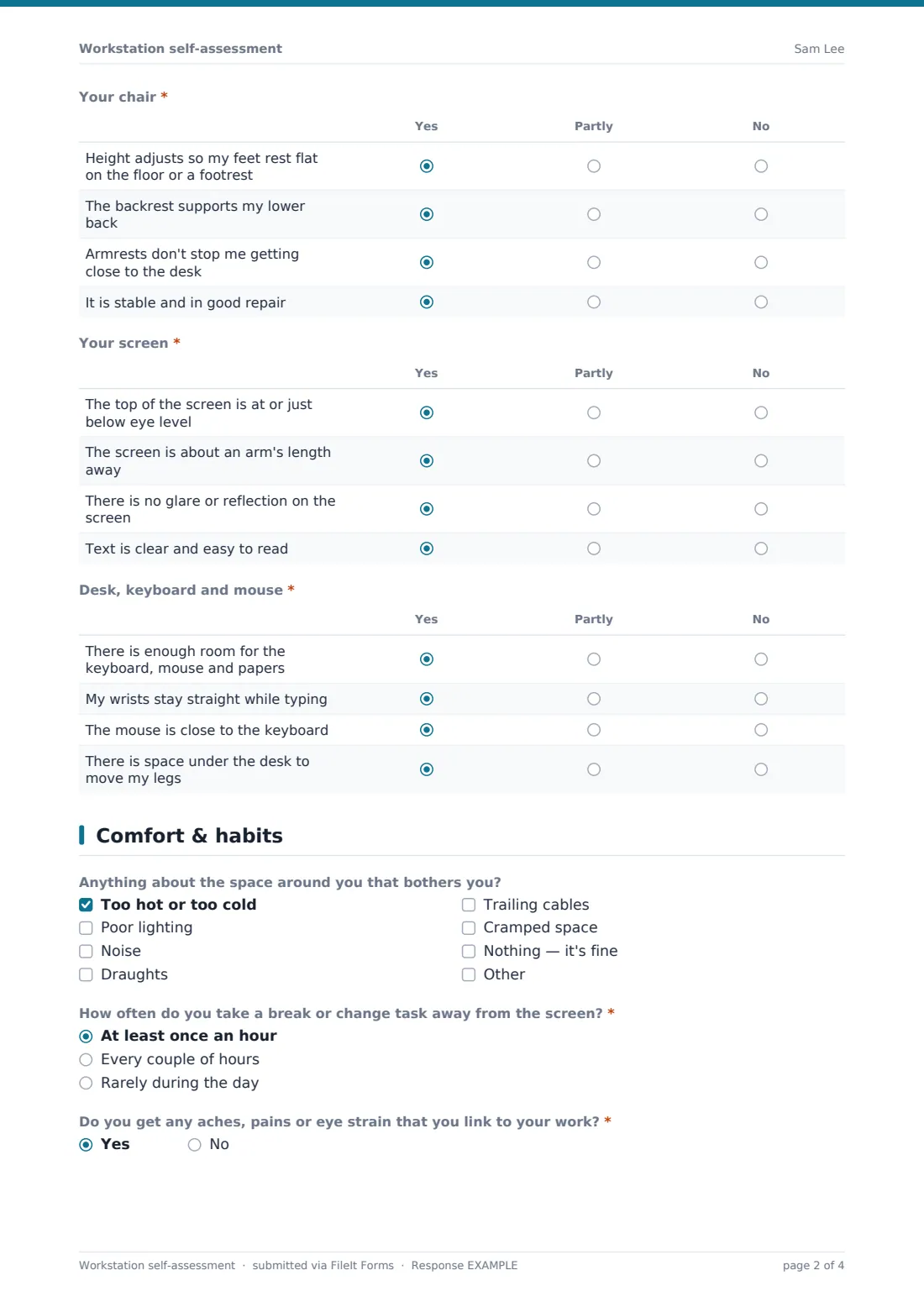 Workstation self-assessment — example response PDF, page 2 of 4