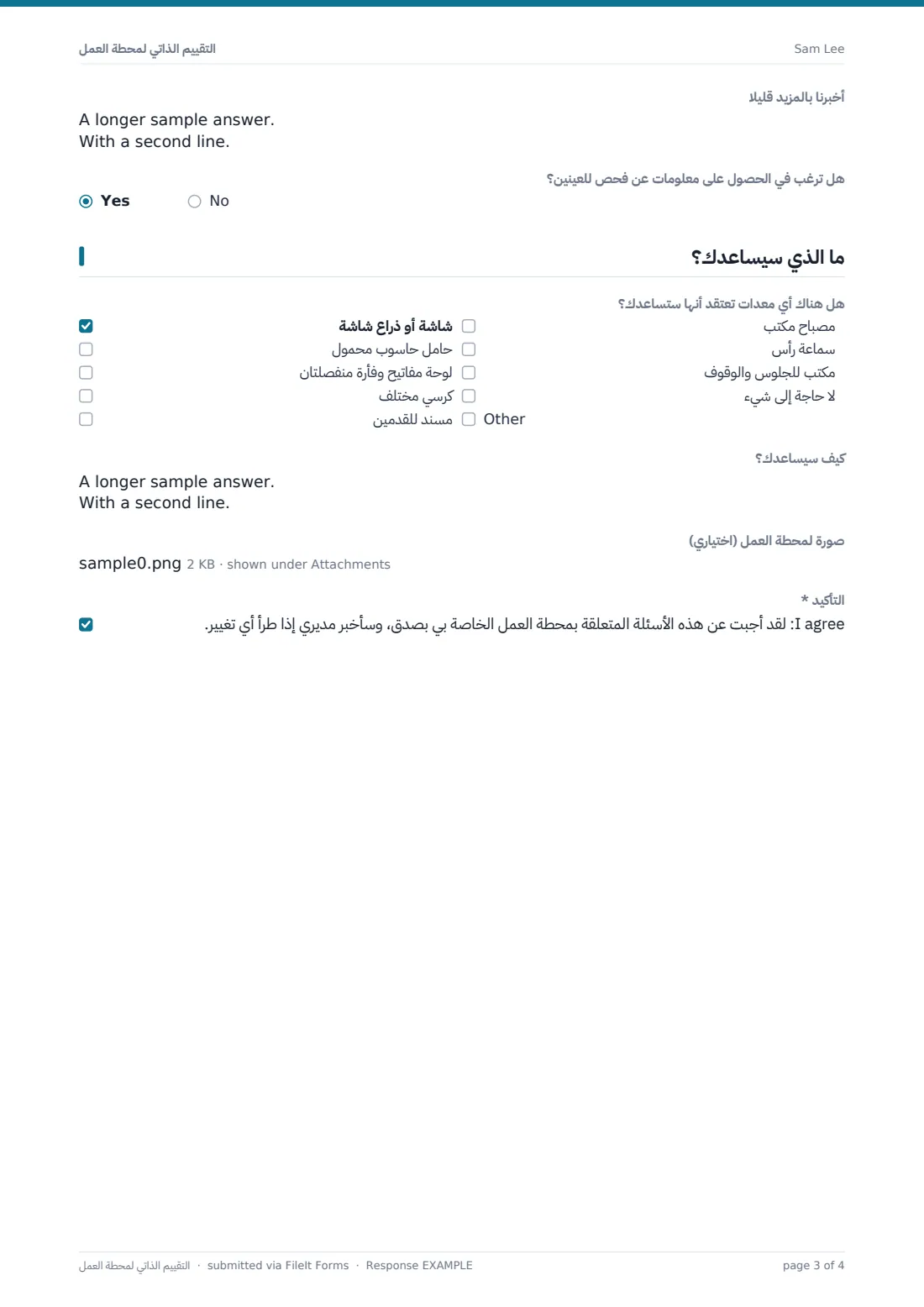 التقييم الذاتي لمحطة العمل — ملف PDF لرد نموذجي، الصفحة 3 من 4