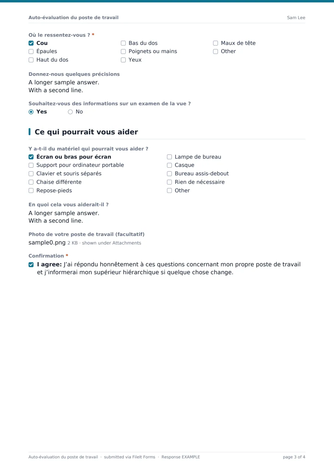 Auto-évaluation du poste de travail — exemple de réponse au format PDF, page 3 sur 4