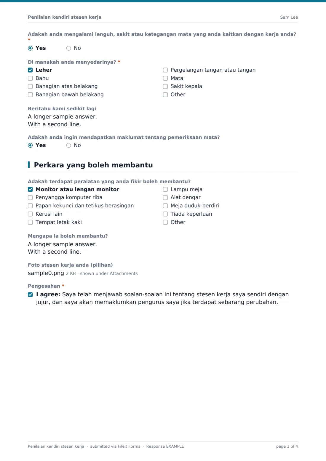 Penilaian kendiri stesen kerja — PDF respons contoh, halaman 3 daripada 4