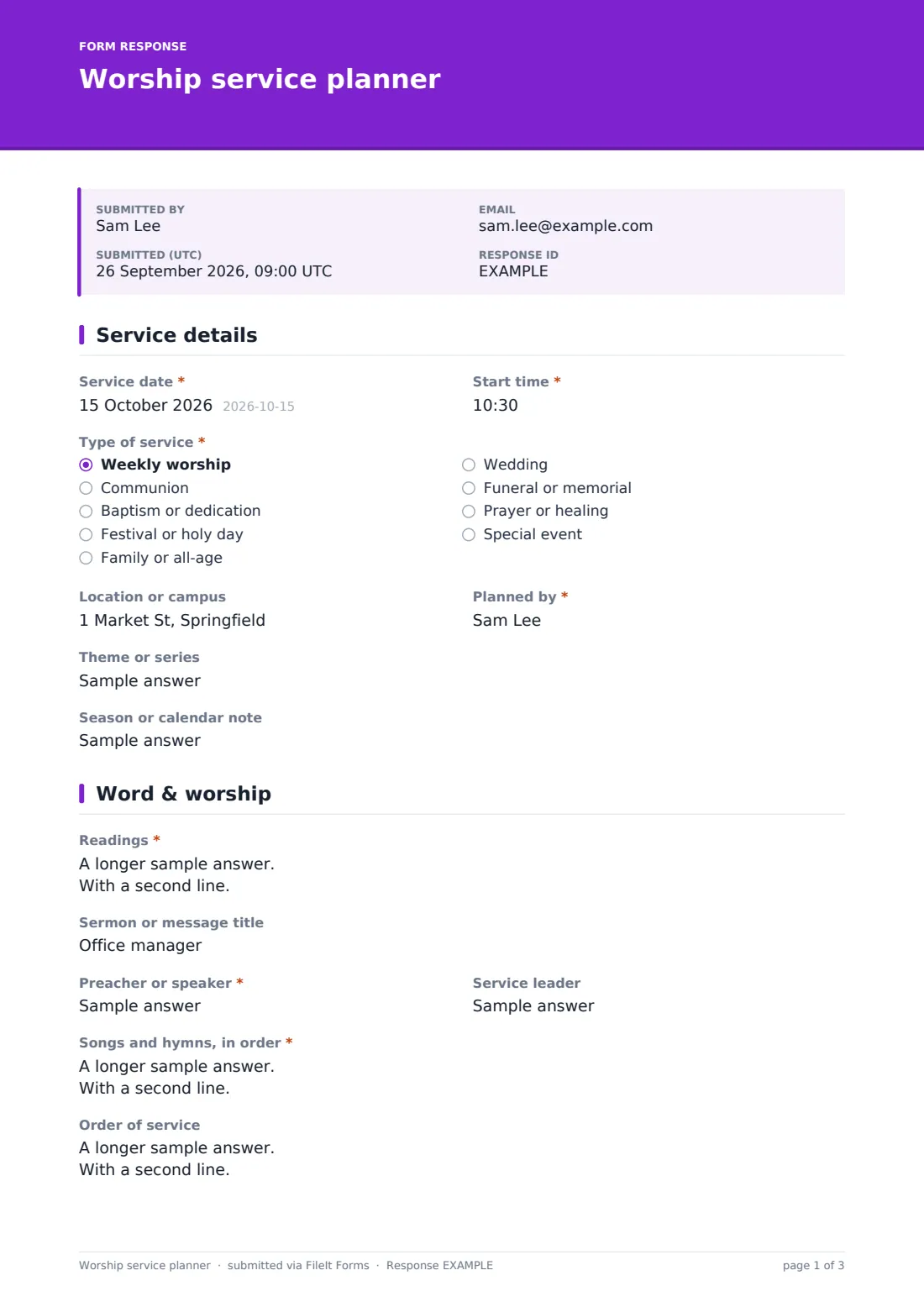 Worship service planner — example response PDF, page 1 of 3