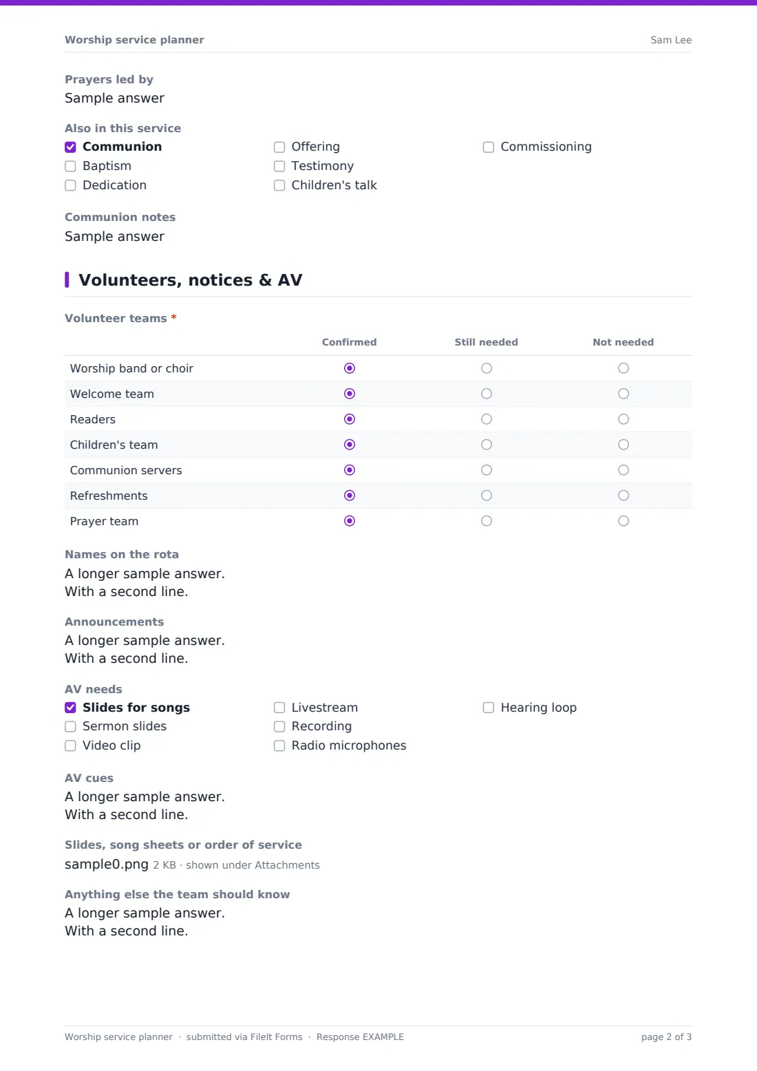 Worship service planner — example response PDF, page 2 of 3