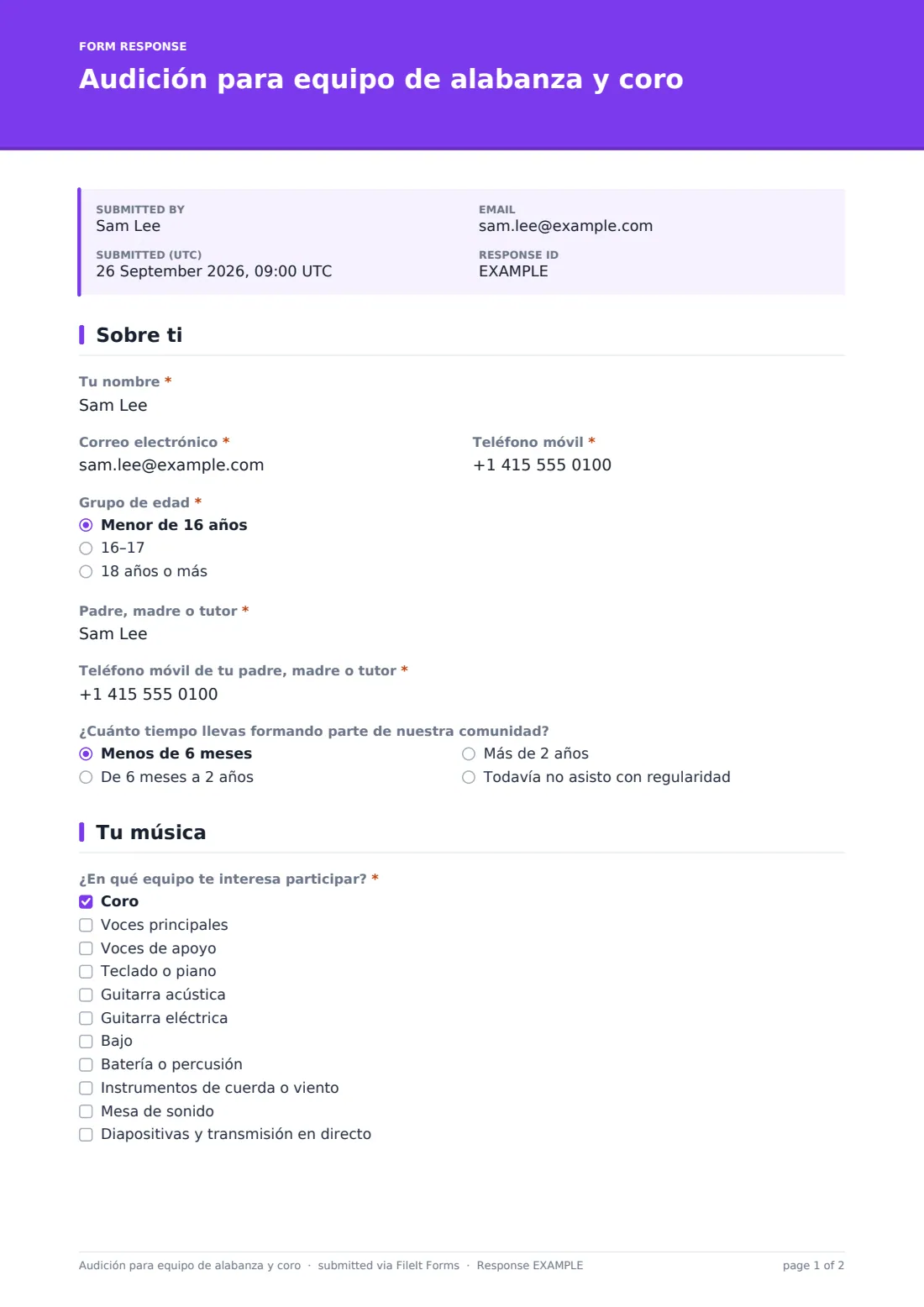 Audición para equipo de alabanza y coro — PDF de respuesta de ejemplo, página 1 de 2