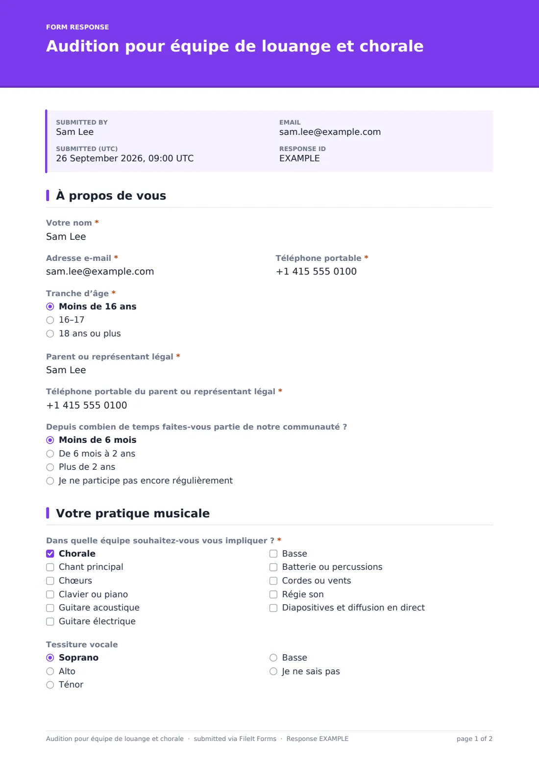 Audition pour équipe de louange et chorale — exemple de réponse au format PDF, page 1 sur 2