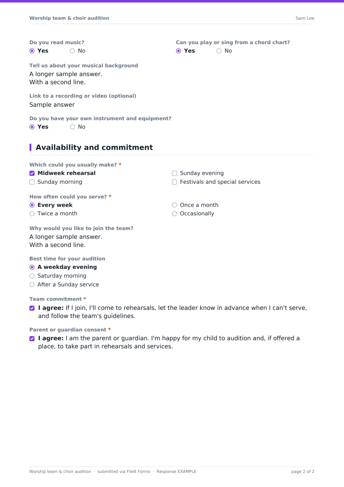 Worship team & choir audition — example response PDF, page 2 of 2