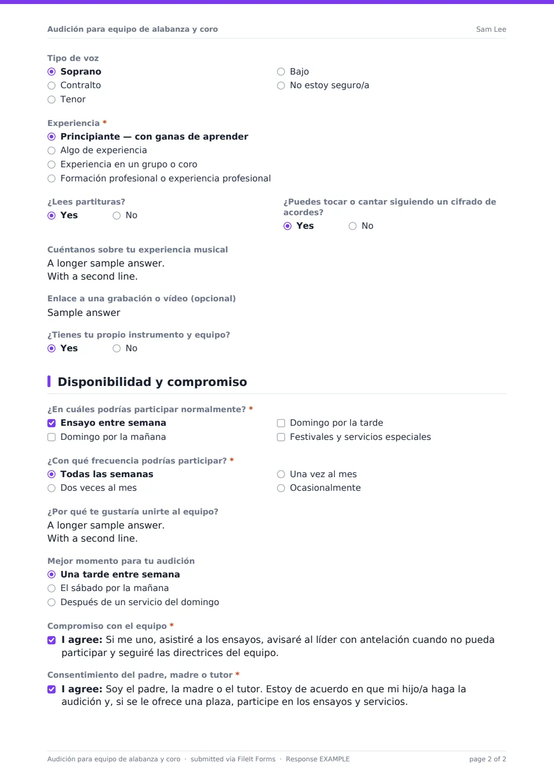 Audición para equipo de alabanza y coro — PDF de respuesta de ejemplo, página 2 de 2