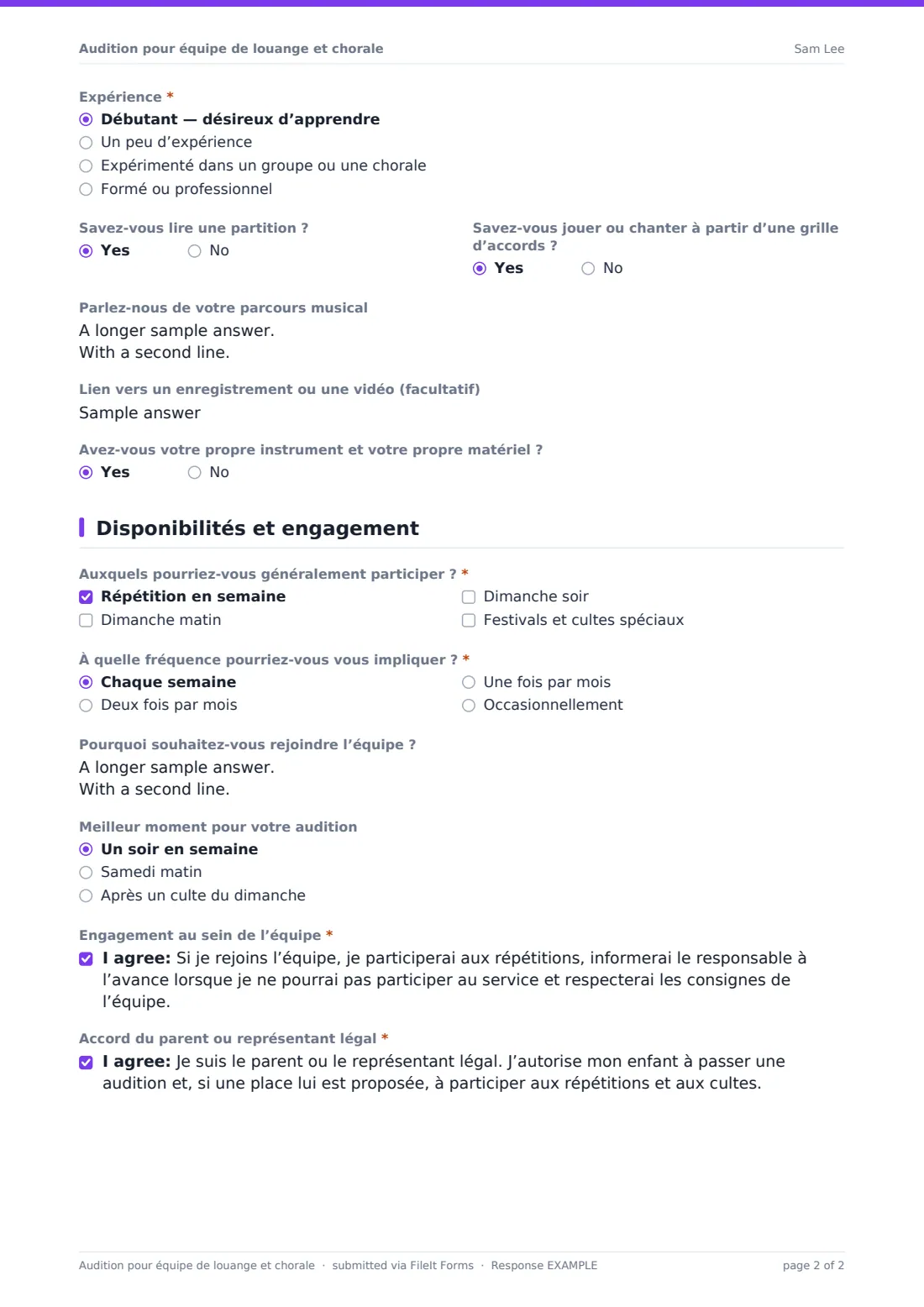 Audition pour équipe de louange et chorale — exemple de réponse au format PDF, page 2 sur 2
