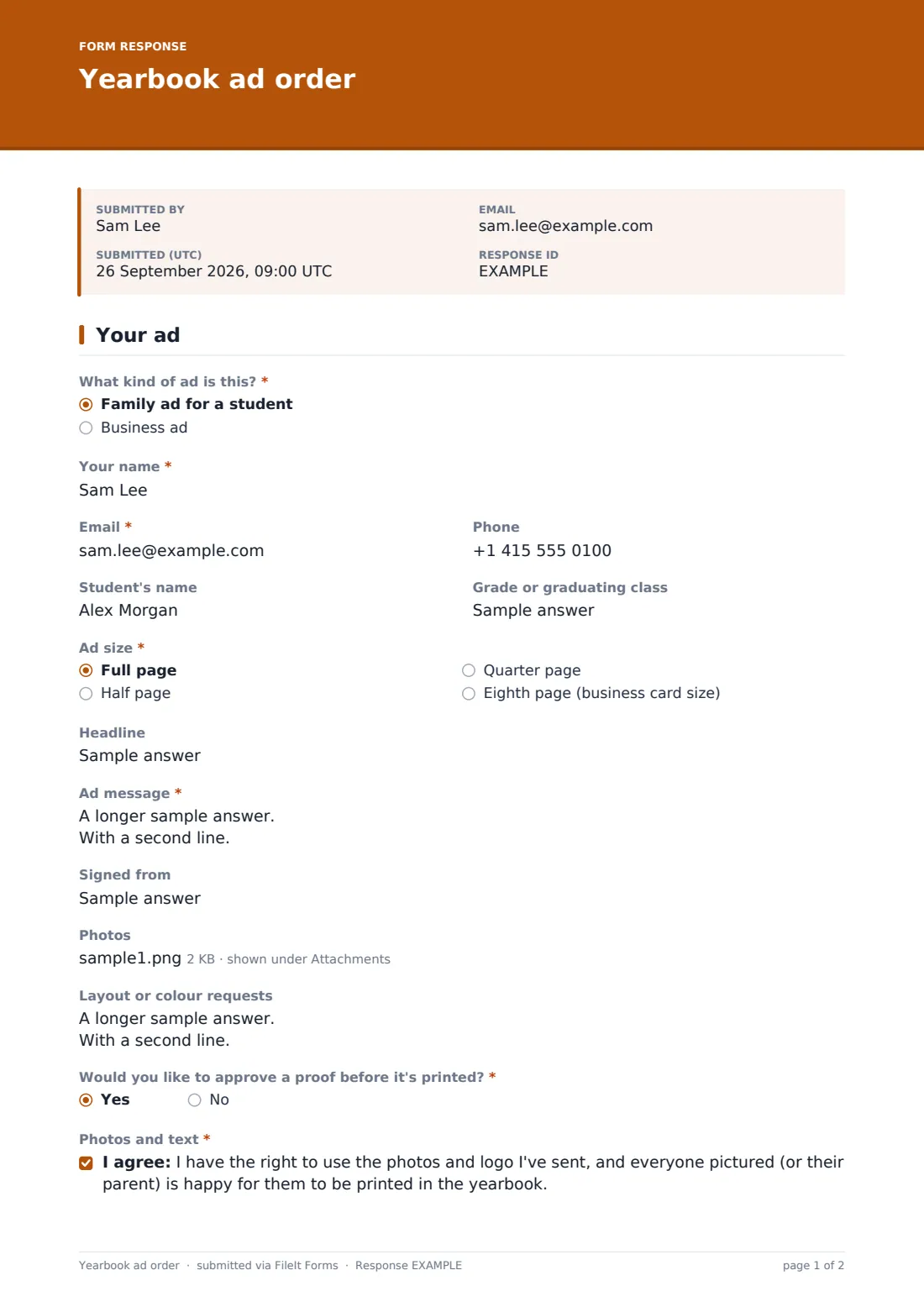 Yearbook ad order — example response PDF, page 1 of 2