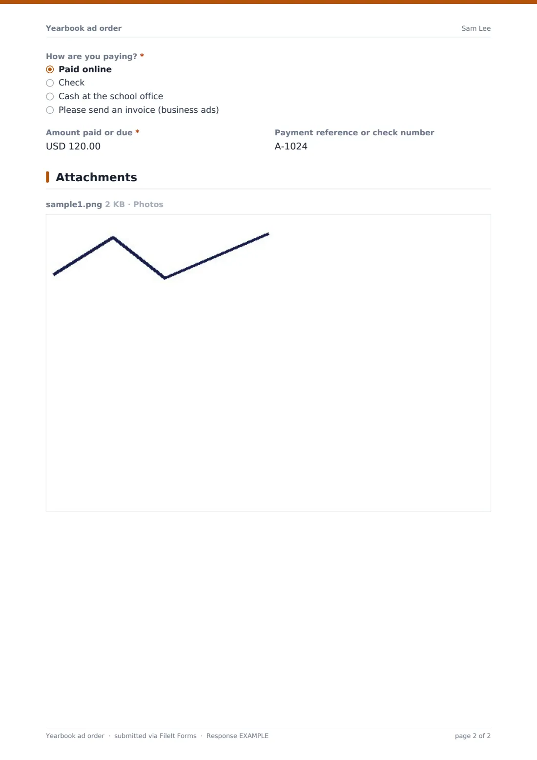 Yearbook ad order — example response PDF, page 2 of 2