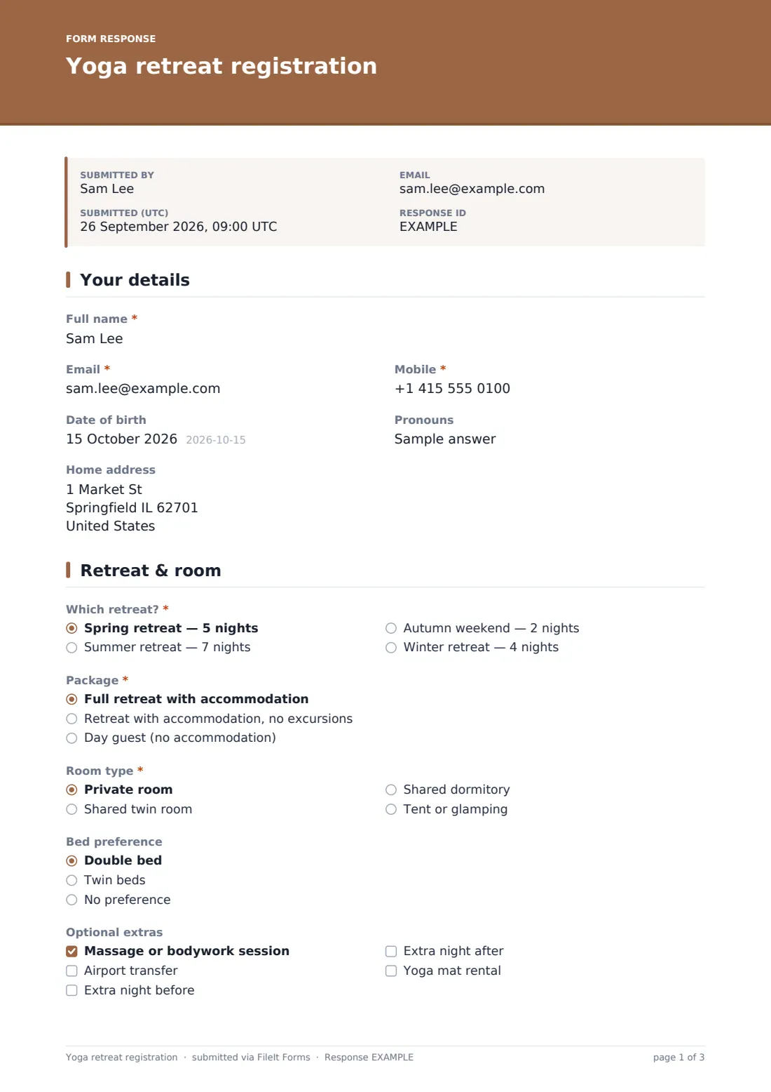 Yoga retreat registration — example response PDF, page 1 of 3