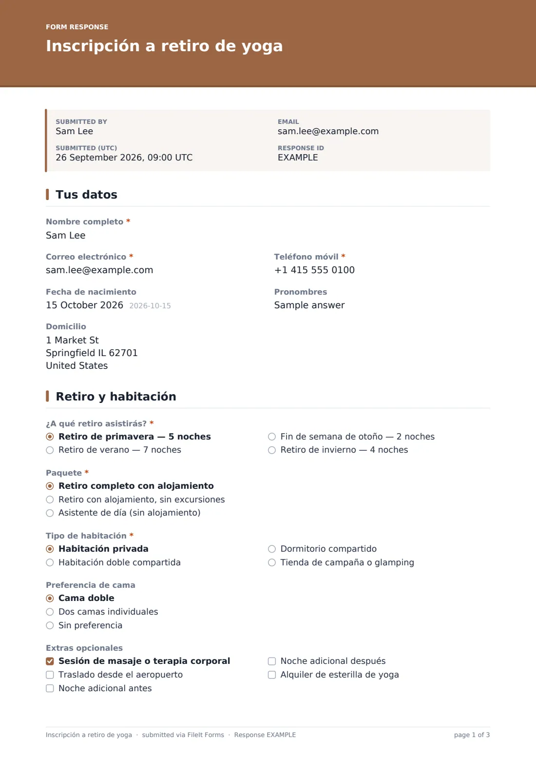 Inscripción a retiro de yoga — PDF de respuesta de ejemplo, página 1 de 3