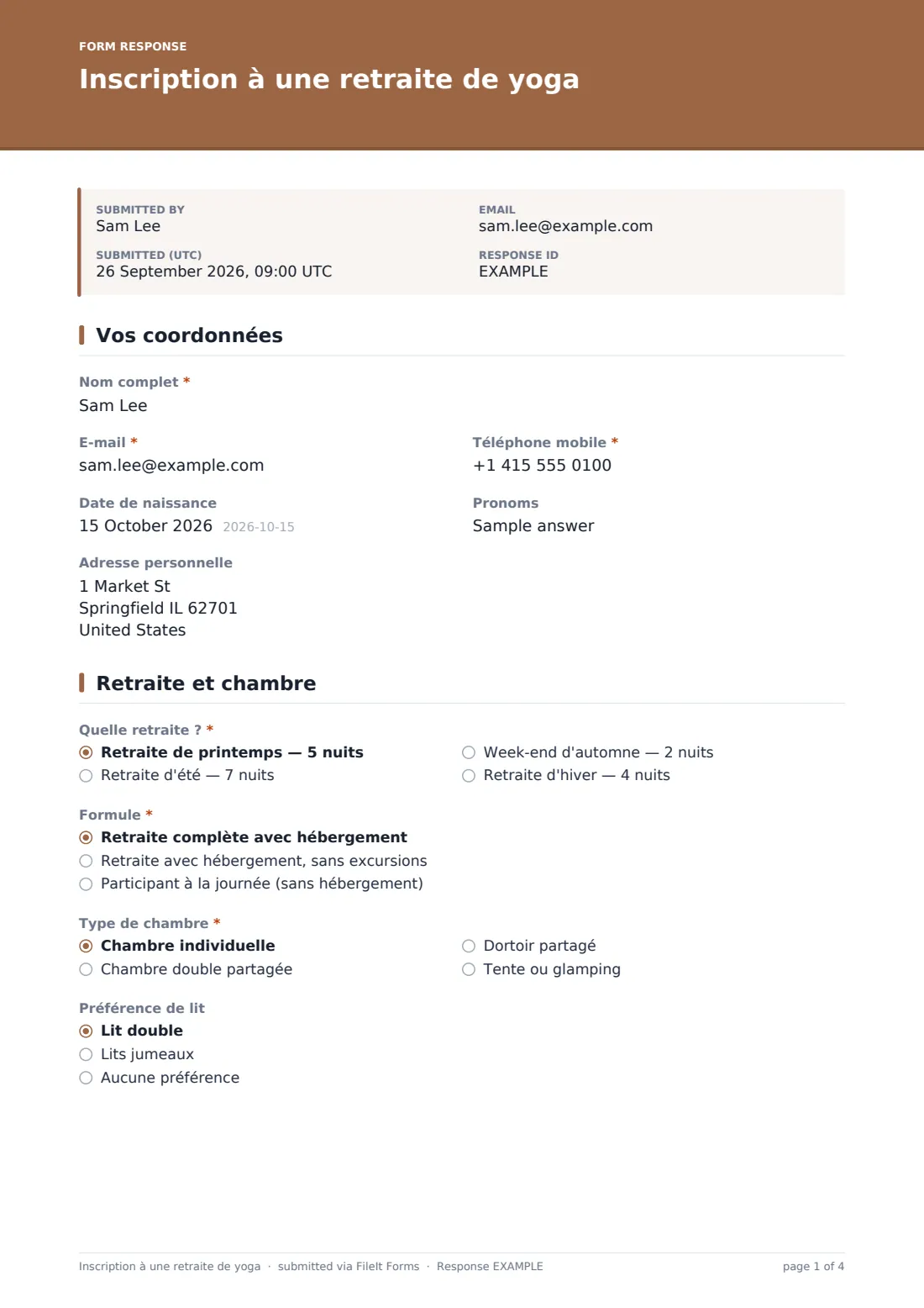 Inscription à une retraite de yoga — exemple de réponse au format PDF, page 1 sur 4