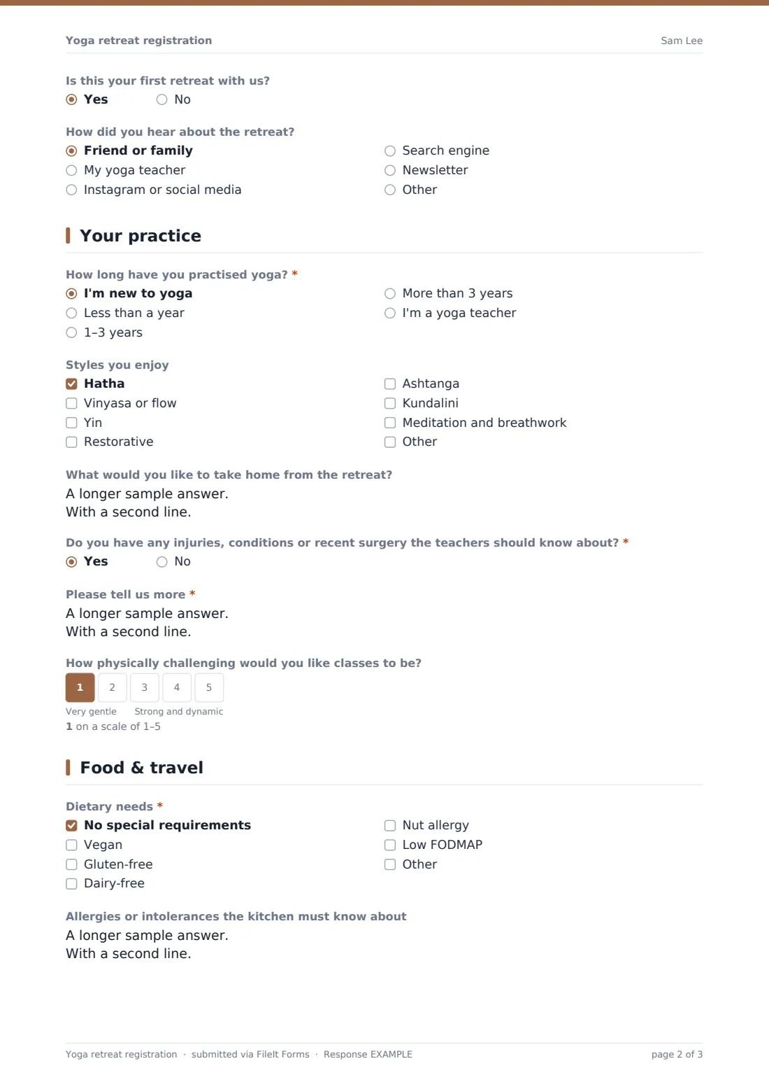 Yoga retreat registration — example response PDF, page 2 of 3