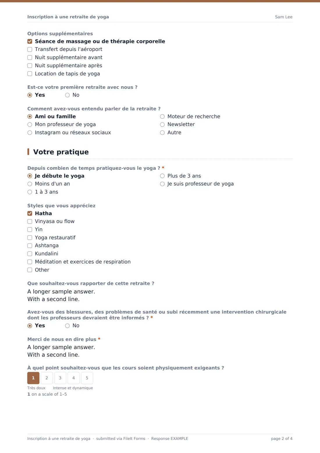 Inscription à une retraite de yoga — exemple de réponse au format PDF, page 2 sur 4