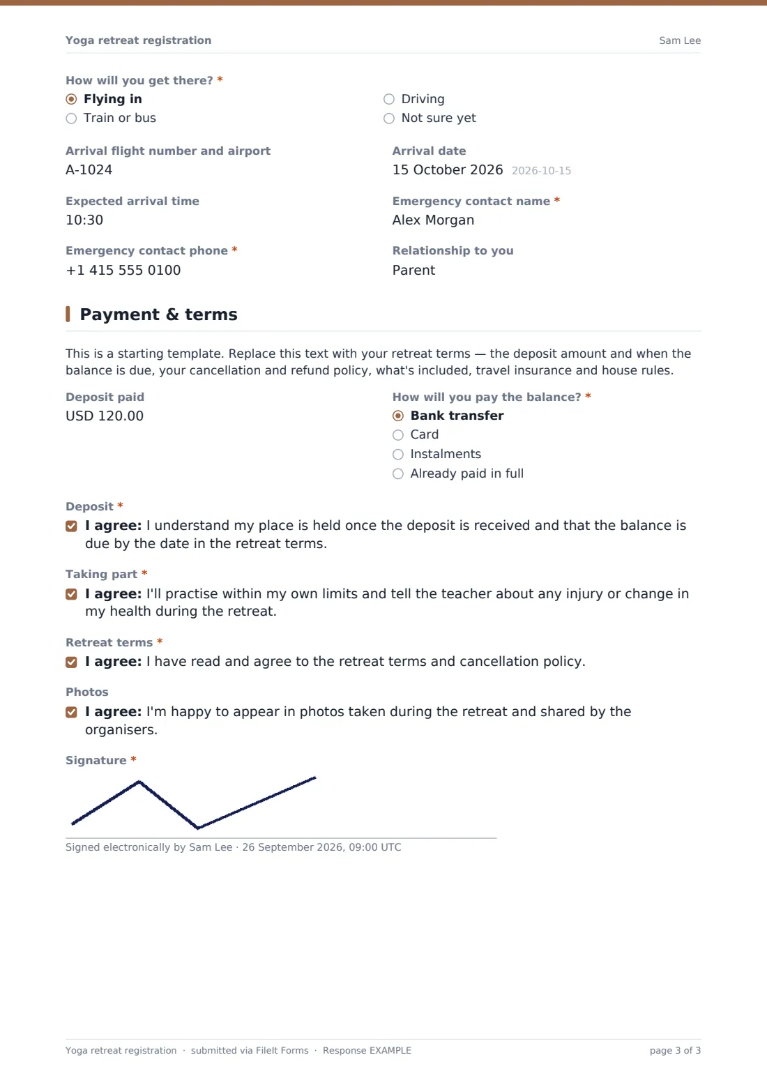 Yoga retreat registration — example response PDF, page 3 of 3
