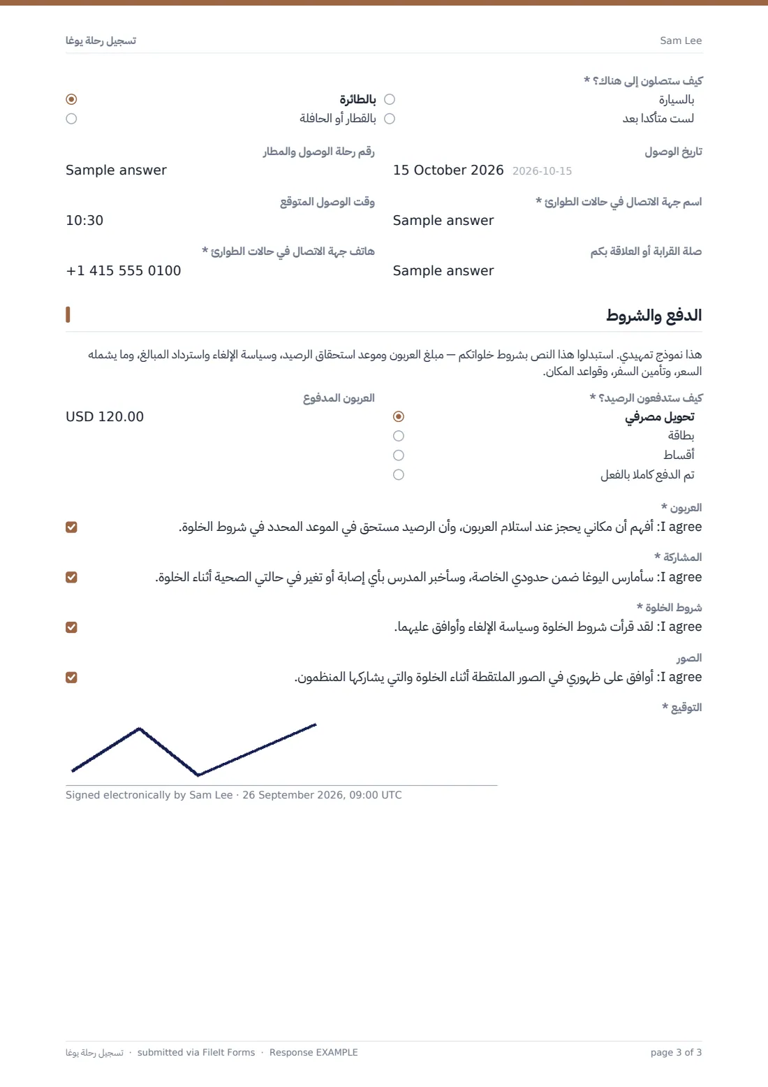 تسجيل رحلة يوغا — ملف PDF لرد نموذجي، الصفحة 3 من 3