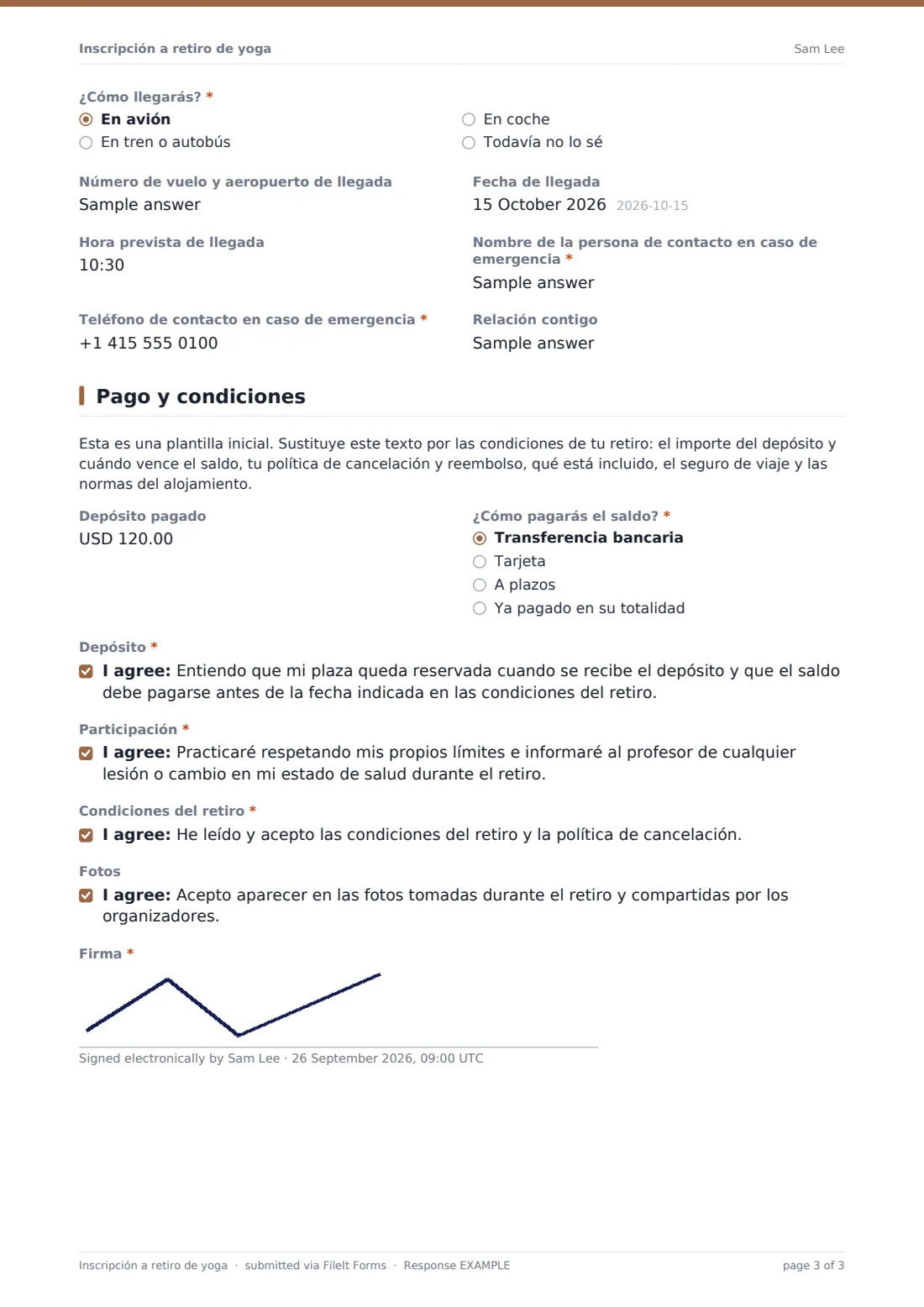 Inscripción a retiro de yoga — PDF de respuesta de ejemplo, página 3 de 3