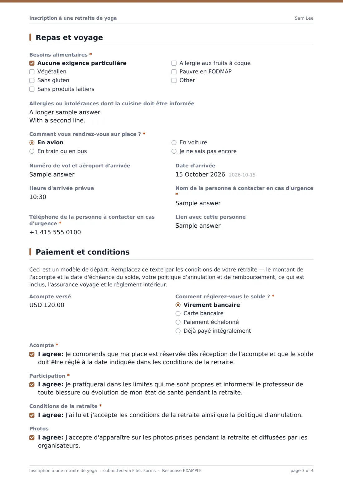 Inscription à une retraite de yoga — exemple de réponse au format PDF, page 3 sur 4