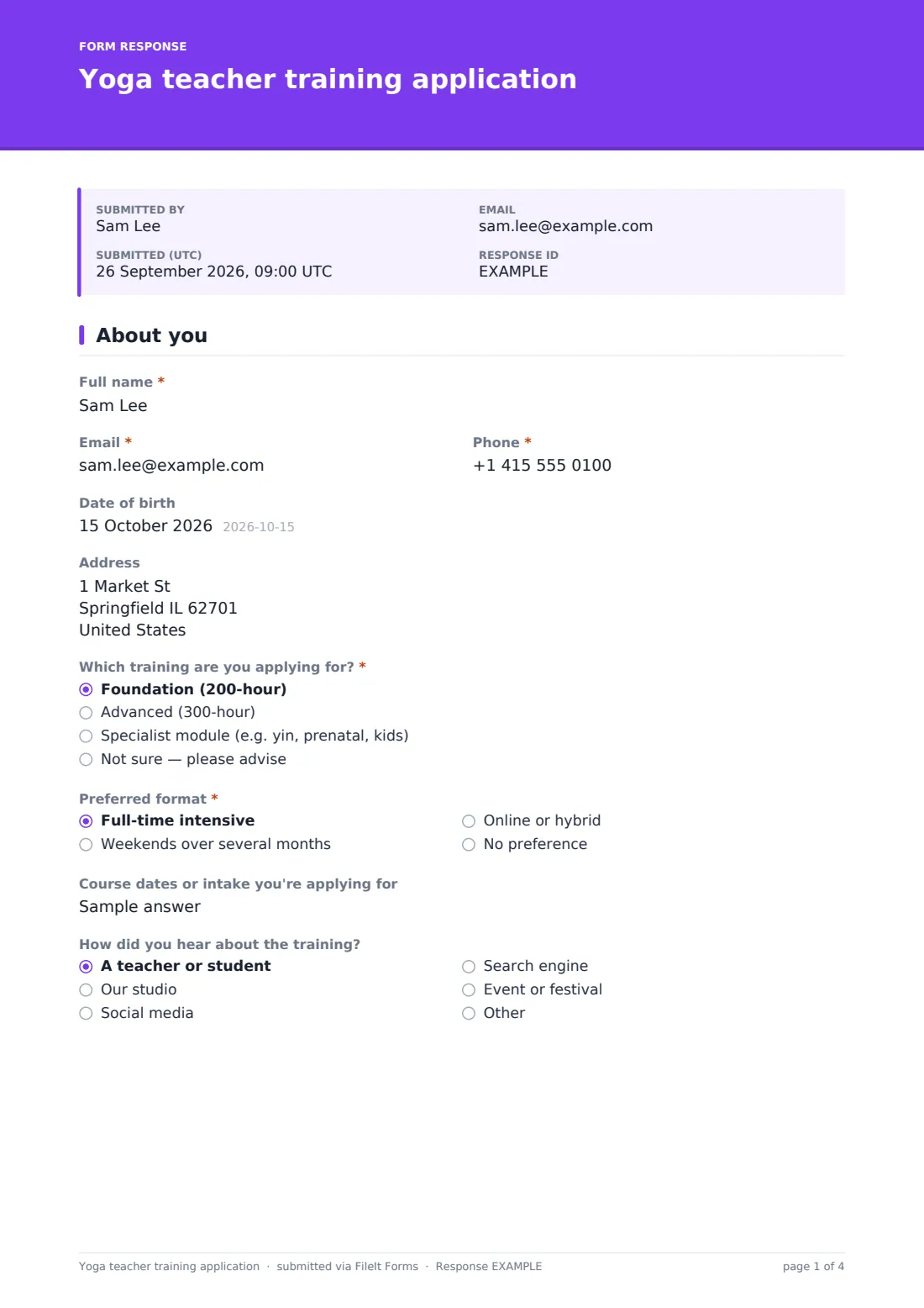 Yoga teacher training application — example response PDF, page 1 of 4