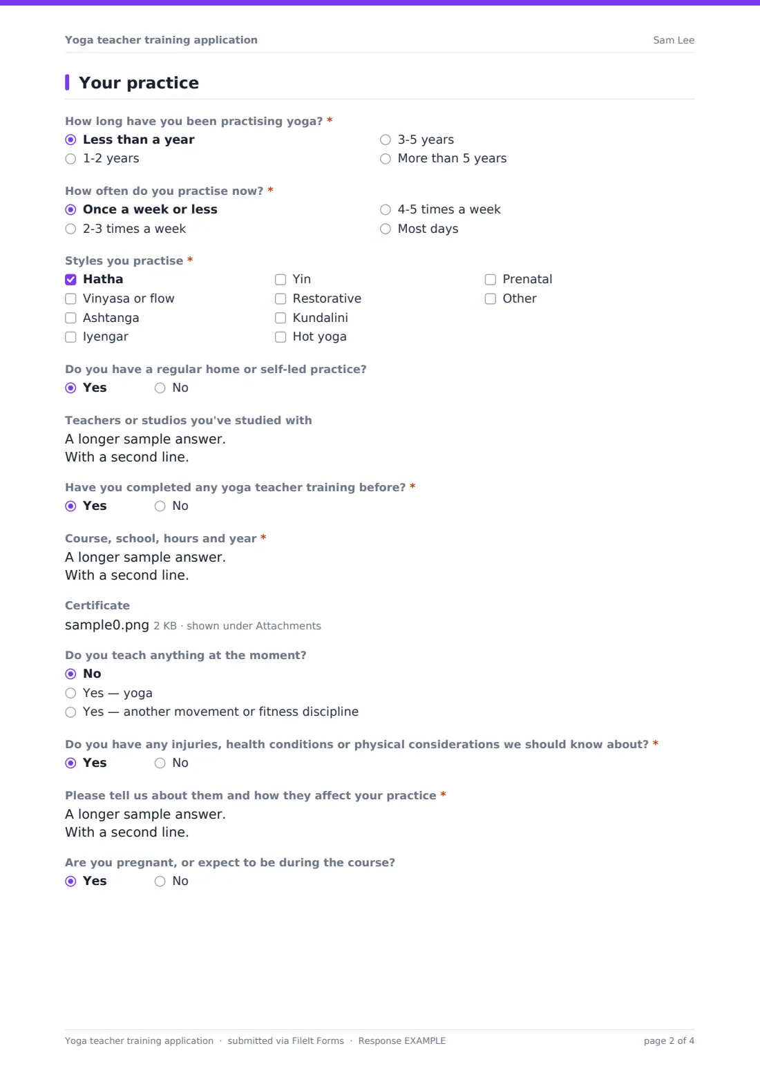 Yoga teacher training application — example response PDF, page 2 of 4