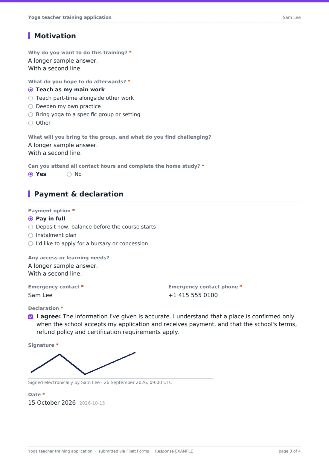 Yoga teacher training application — example response PDF, page 3 of 4