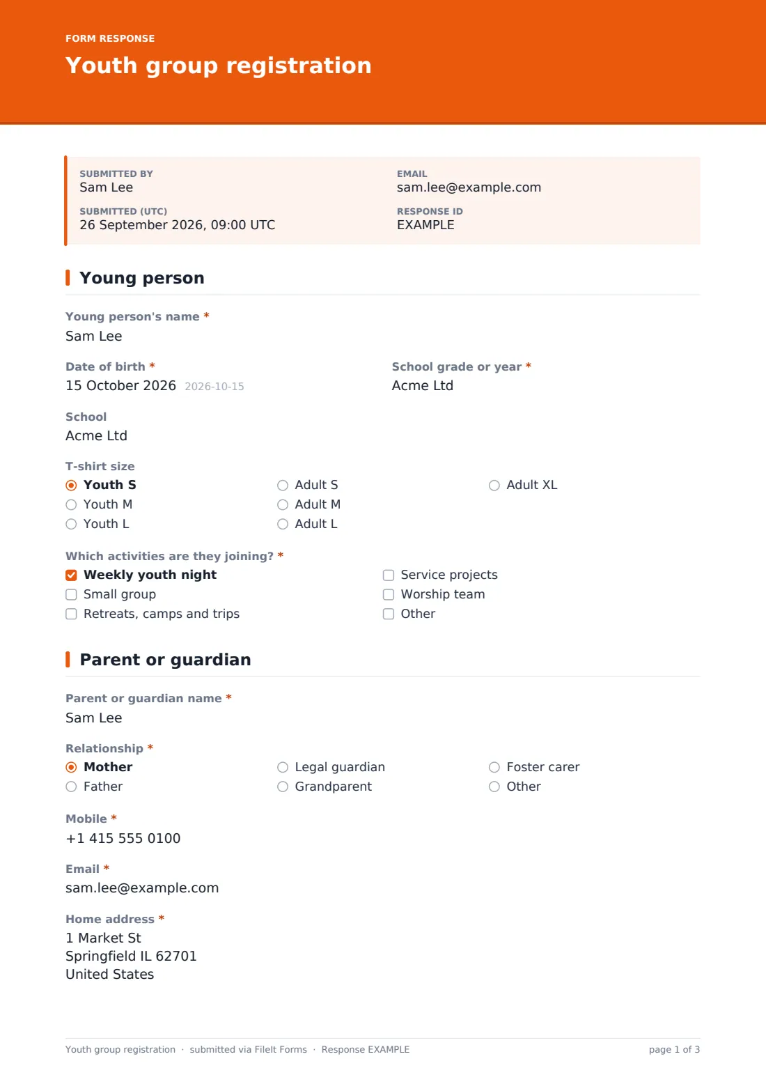Youth group registration — example response PDF, page 1 of 3