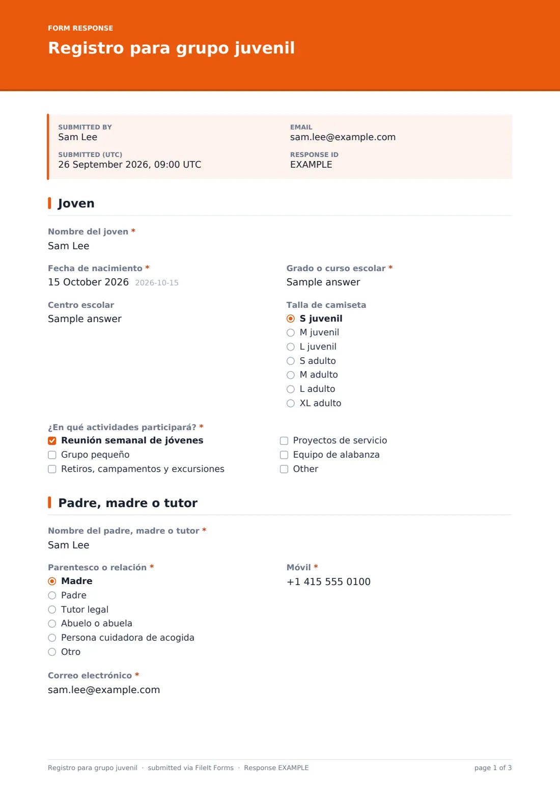 Registro para grupo juvenil — PDF de respuesta de ejemplo, página 1 de 3