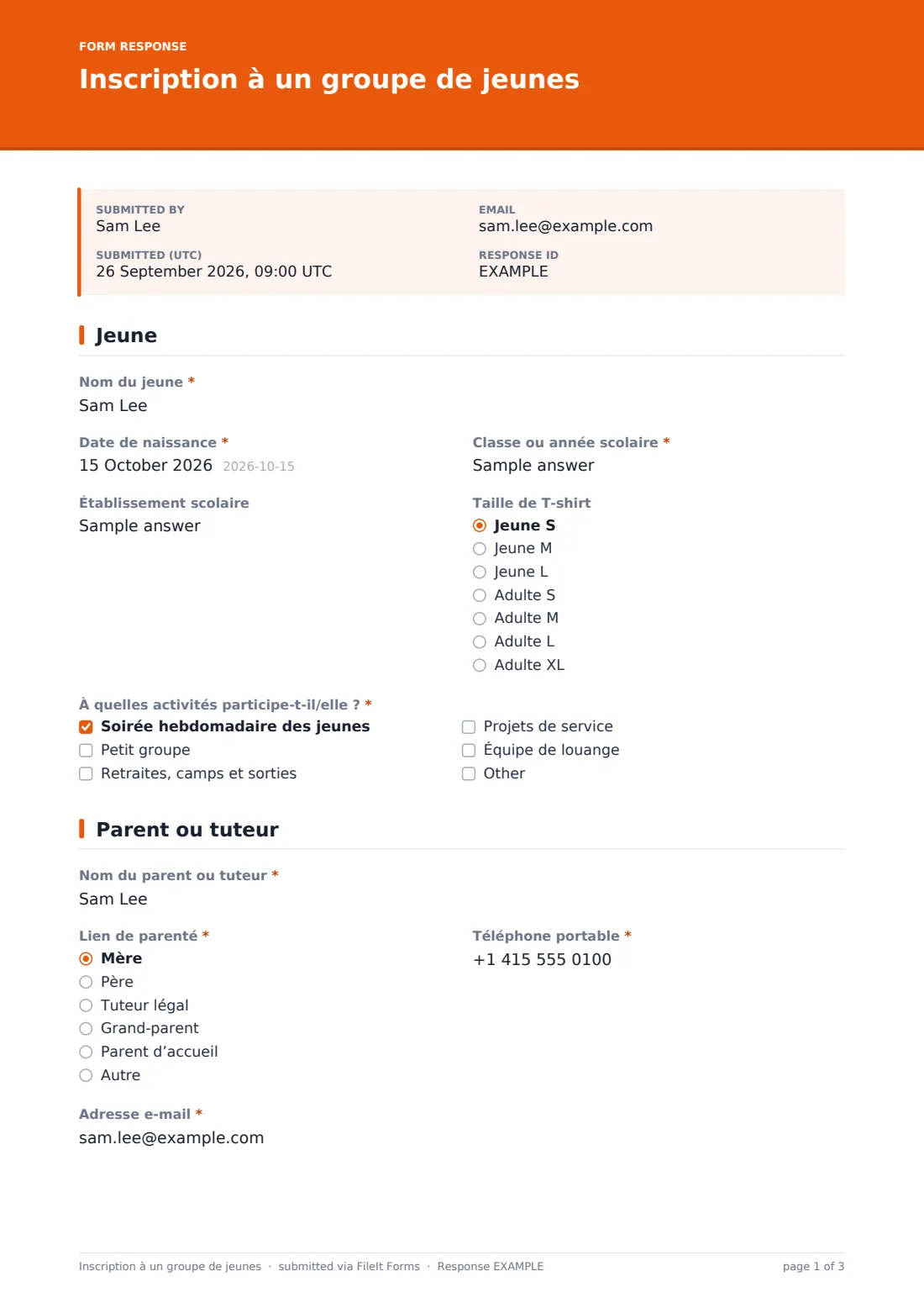 Inscription à un groupe de jeunes — exemple de réponse au format PDF, page 1 sur 3
