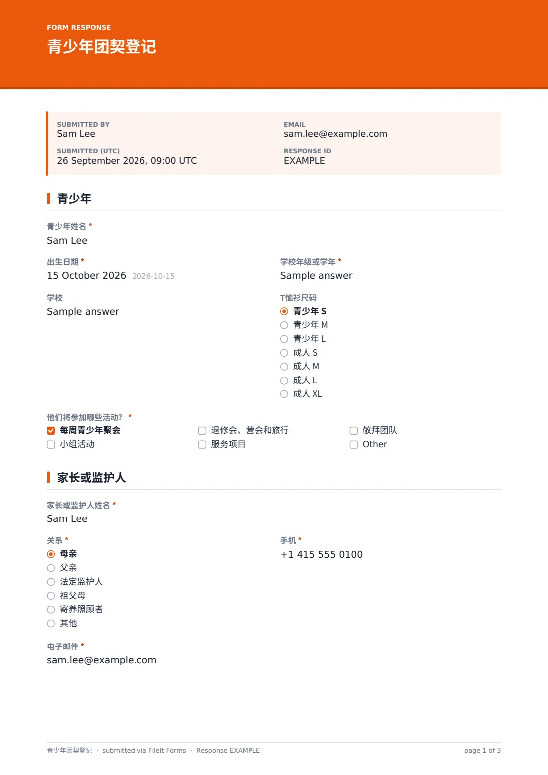 青少年团契登记 — 示例回复 PDF，第 1 页，共 3 页
