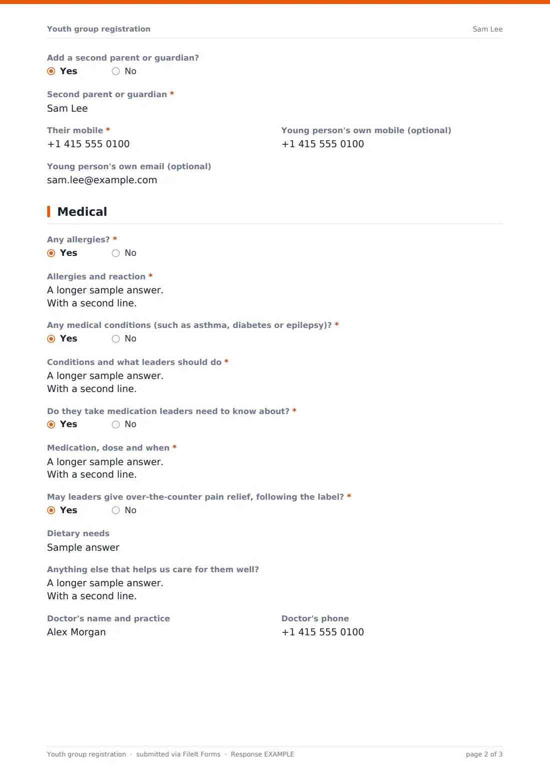 Youth group registration — example response PDF, page 2 of 3
