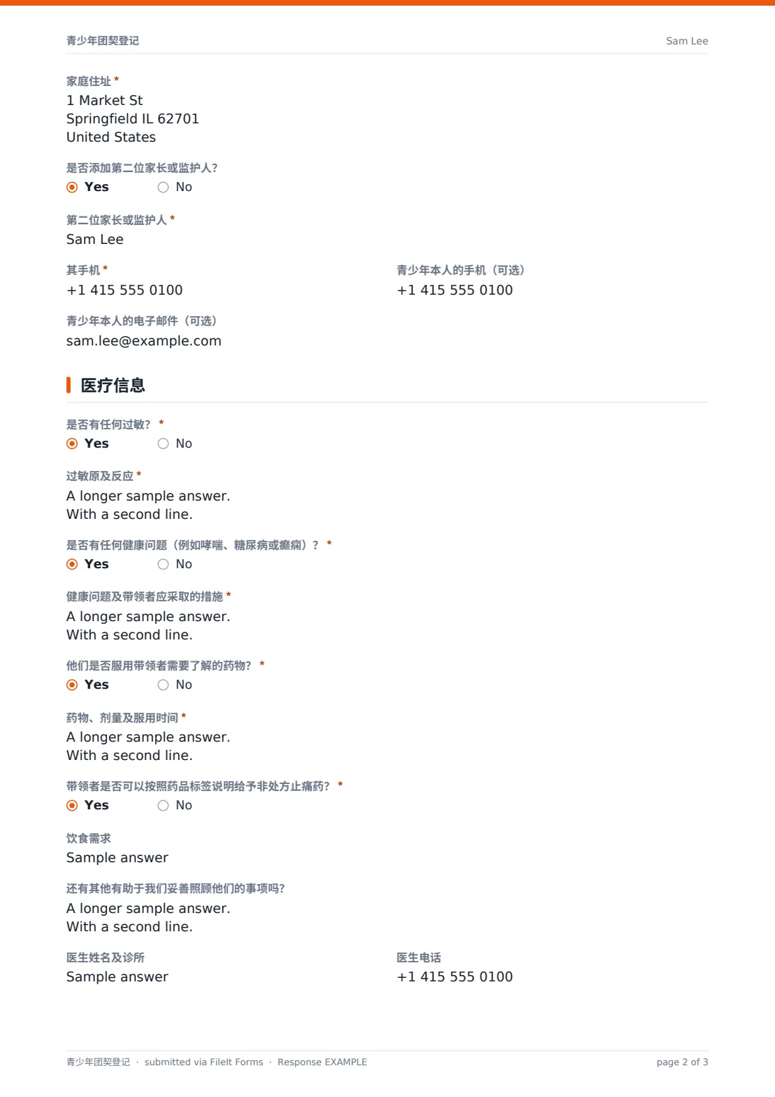 青少年团契登记 — 示例回复 PDF，第 2 页，共 3 页